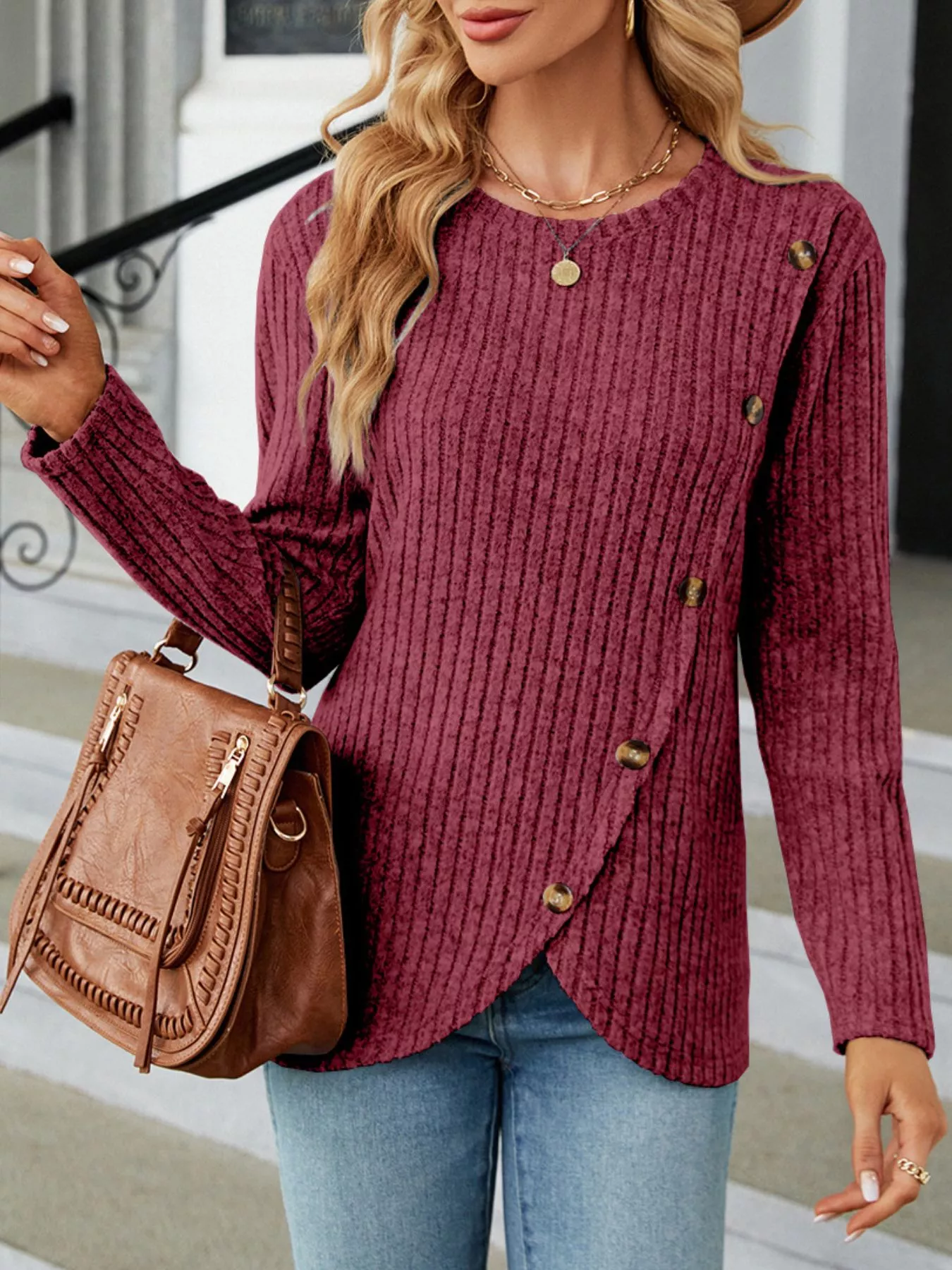 Ribbed Knit Decor Button T-Shirt - Image 9