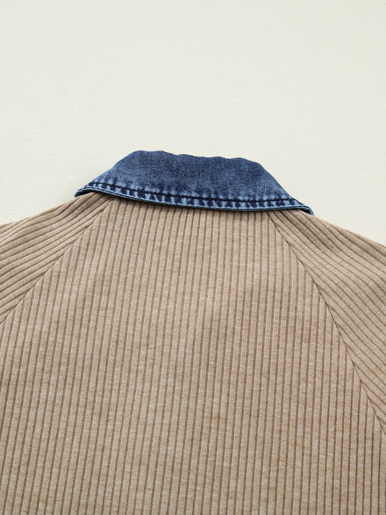 Ribbed Knit Denim Trim Button Detail Top - Image 5