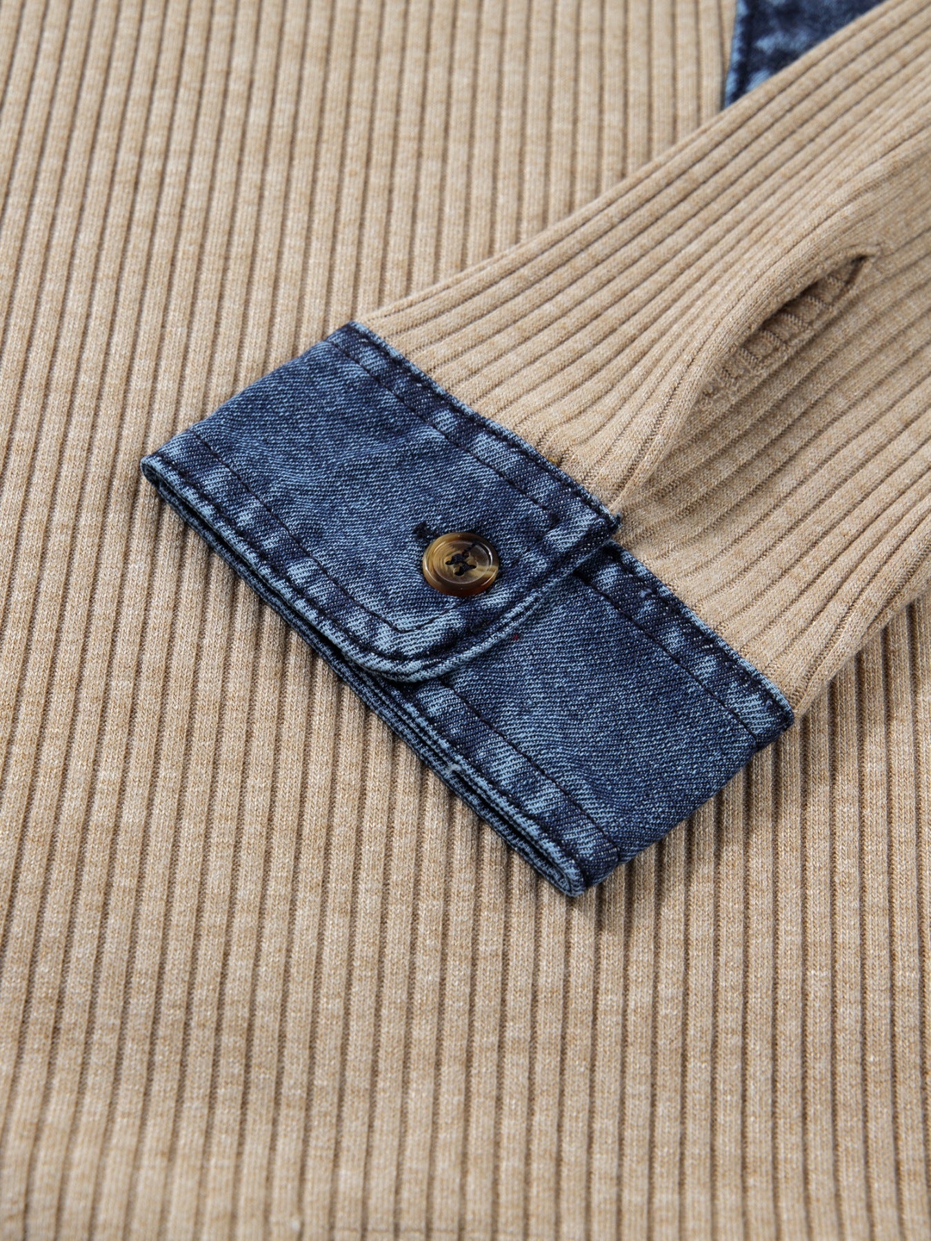 Ribbed Knit Denim Trim Button Detail Top - Image 7
