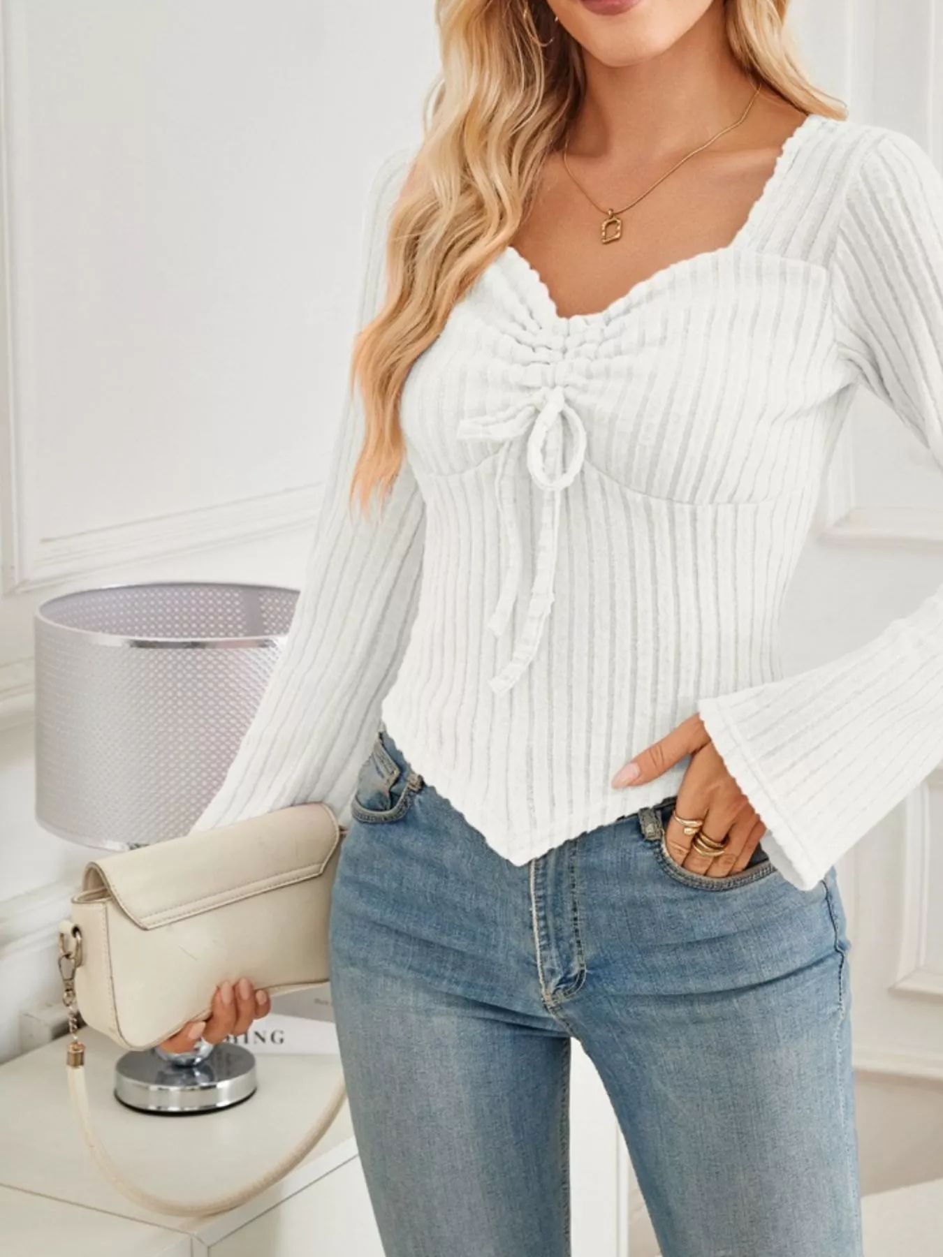 Ribbed Knit Drawstring Long Sleeve T-Shirt - Image 17