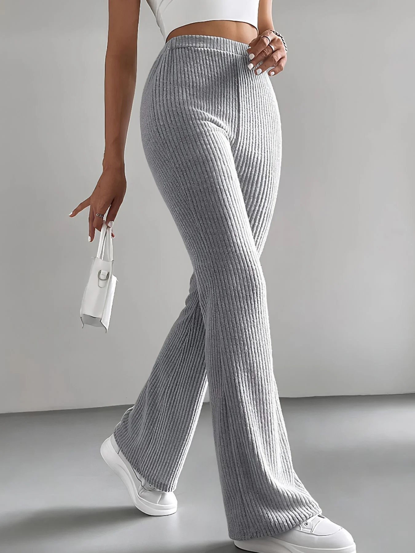 Ribbed Knit High Waist Flare Pants - Image 3