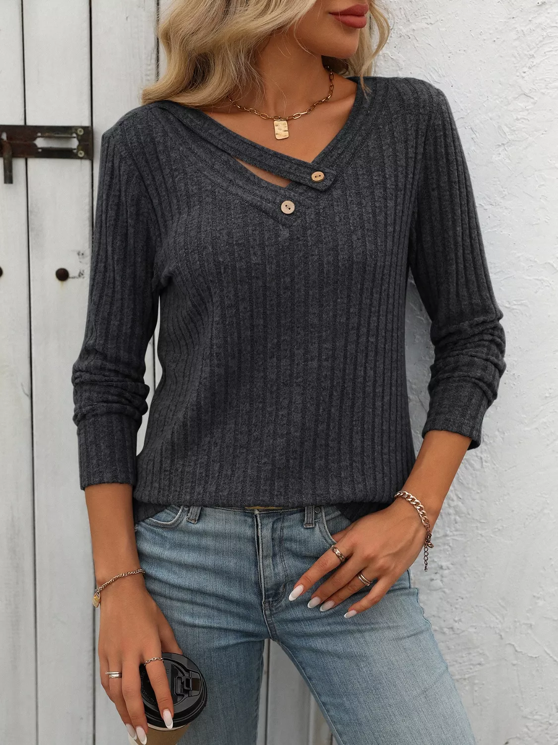 Ribbed Knit Long Sleeve Button Detail T-Shirt - Image 16