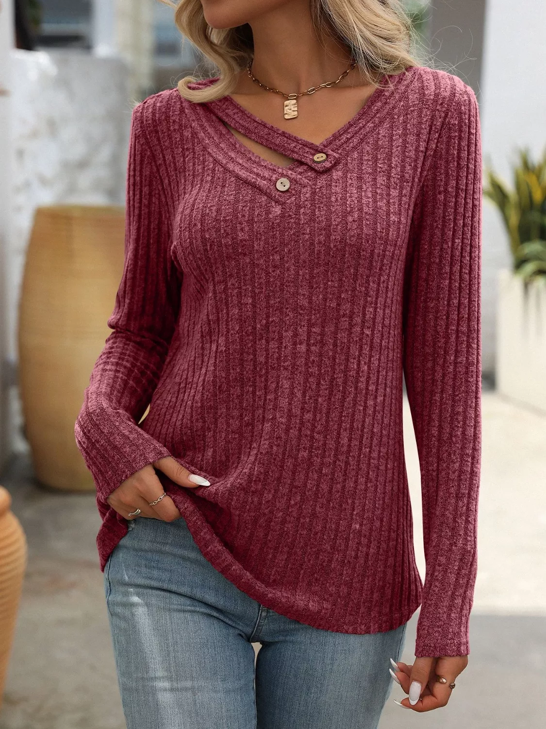 Ribbed Knit Long Sleeve Button Detail T-Shirt - Image 19