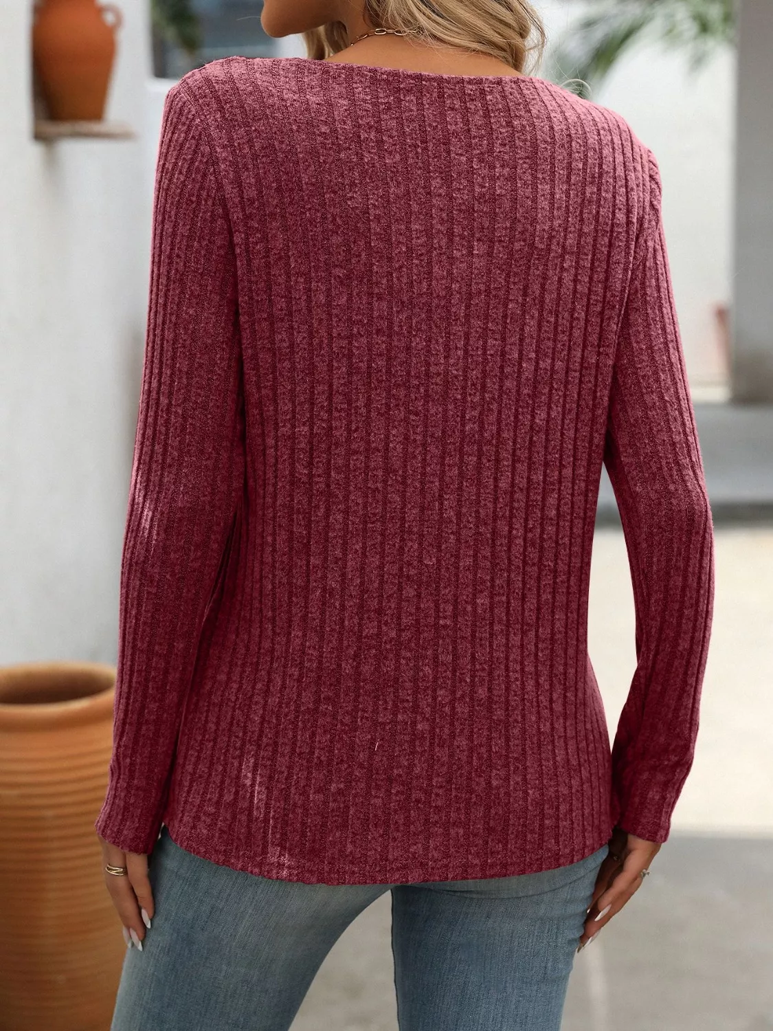 Ribbed Knit Long Sleeve Button Detail T-Shirt - Image 21