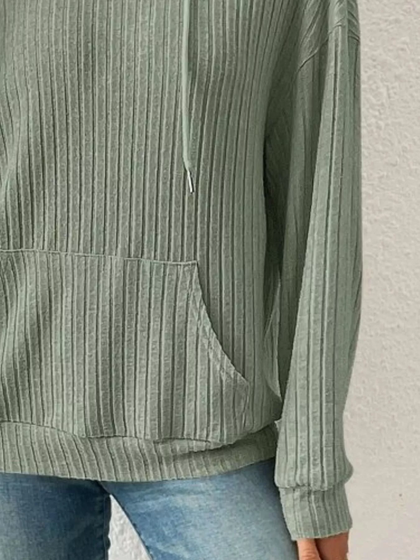 Ribbed Knit Long Sleeve Drawstring Hoodie - Image 12