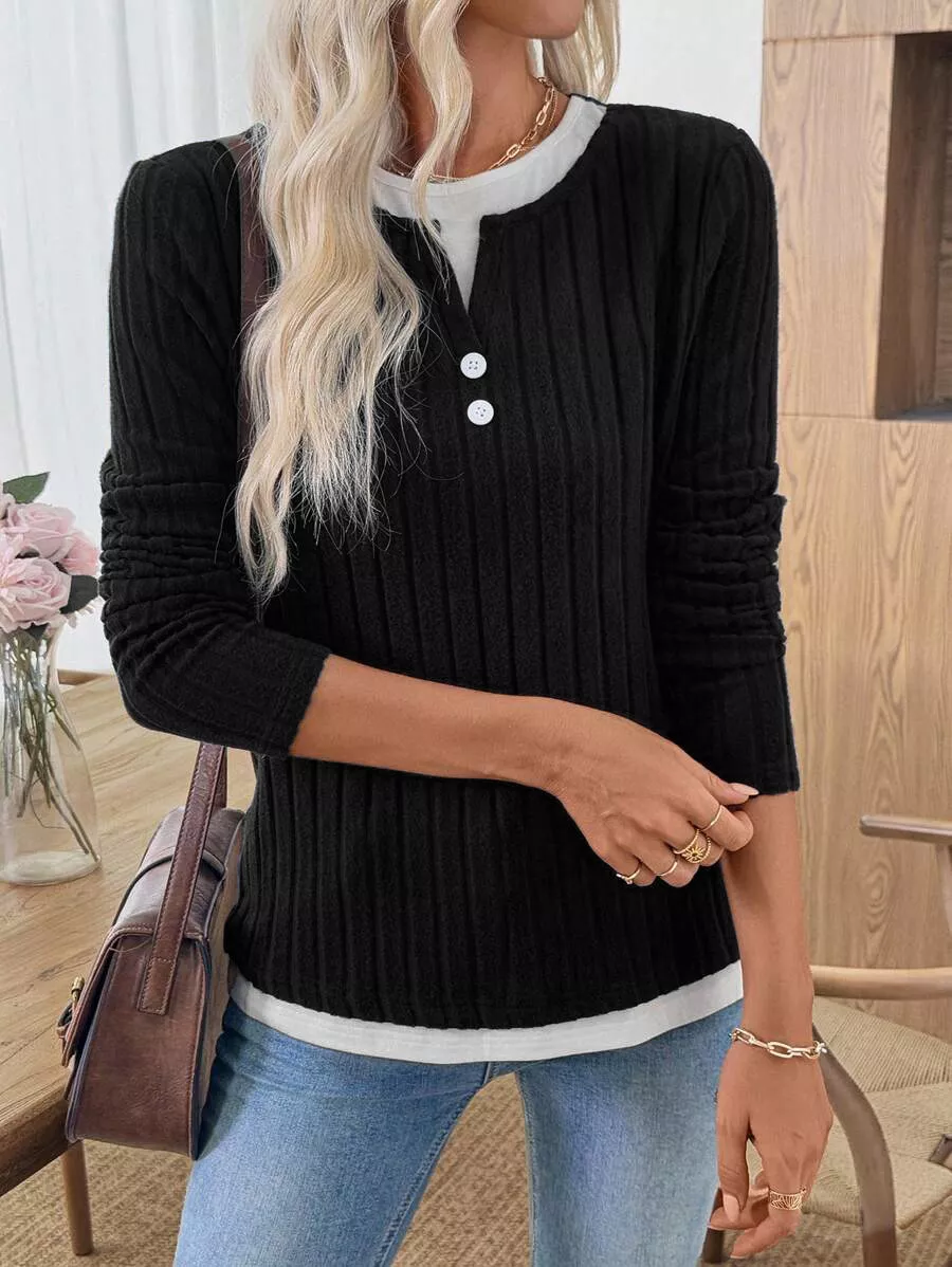 Ribbed Knit Long Sleeve Fake Two-Piece T-Shirt - Image 2