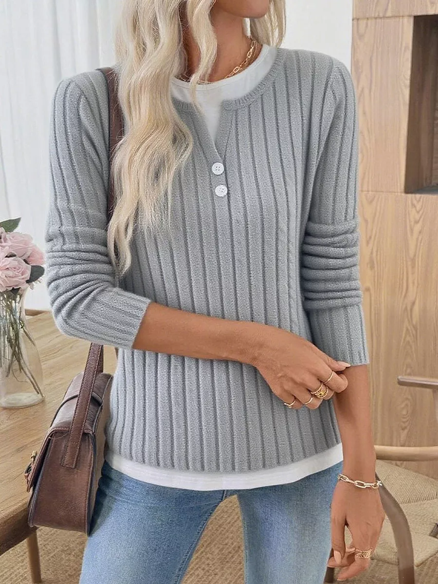 Ribbed Knit Long Sleeve Fake Two-Piece T-Shirt - Image 6