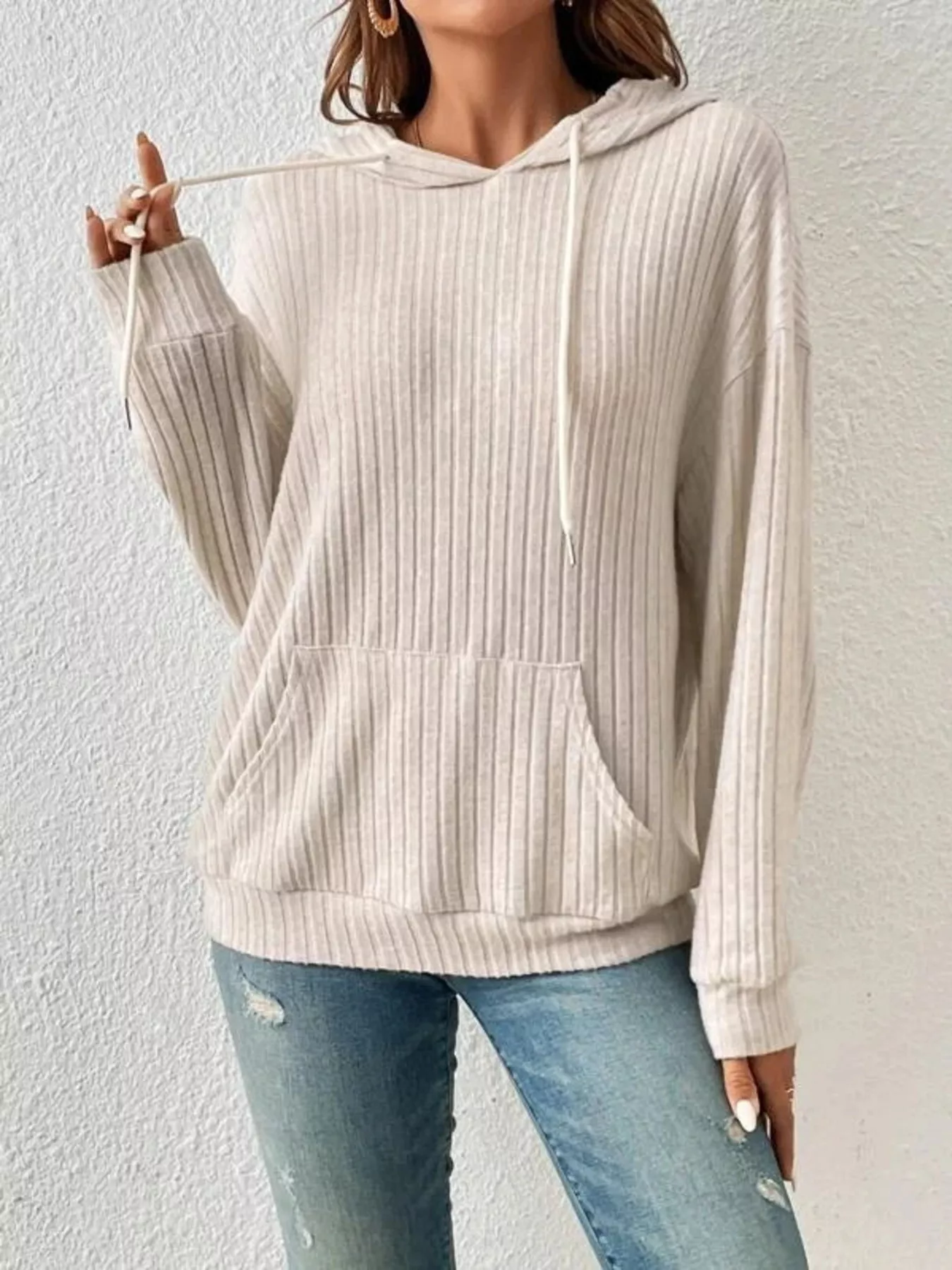Ribbed Knit Long Sleeve Hoodie - Image 10