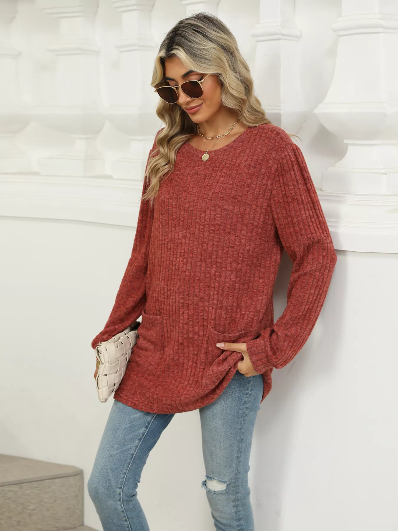 Ribbed Knit Long Sleeve T-Shirt - Image 2