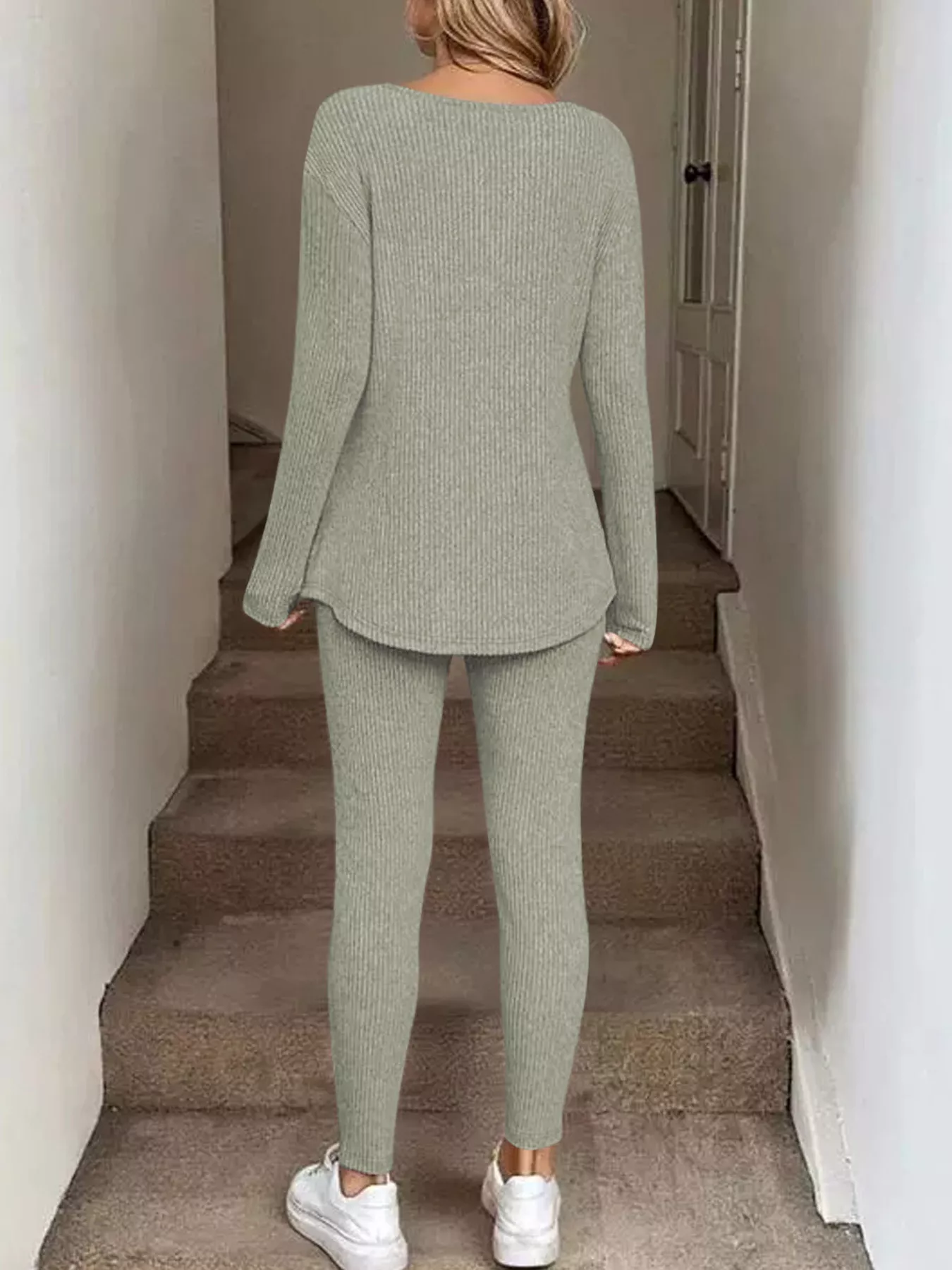 Ribbed Knit Long Sleeve Top and Pants Set - Image 15