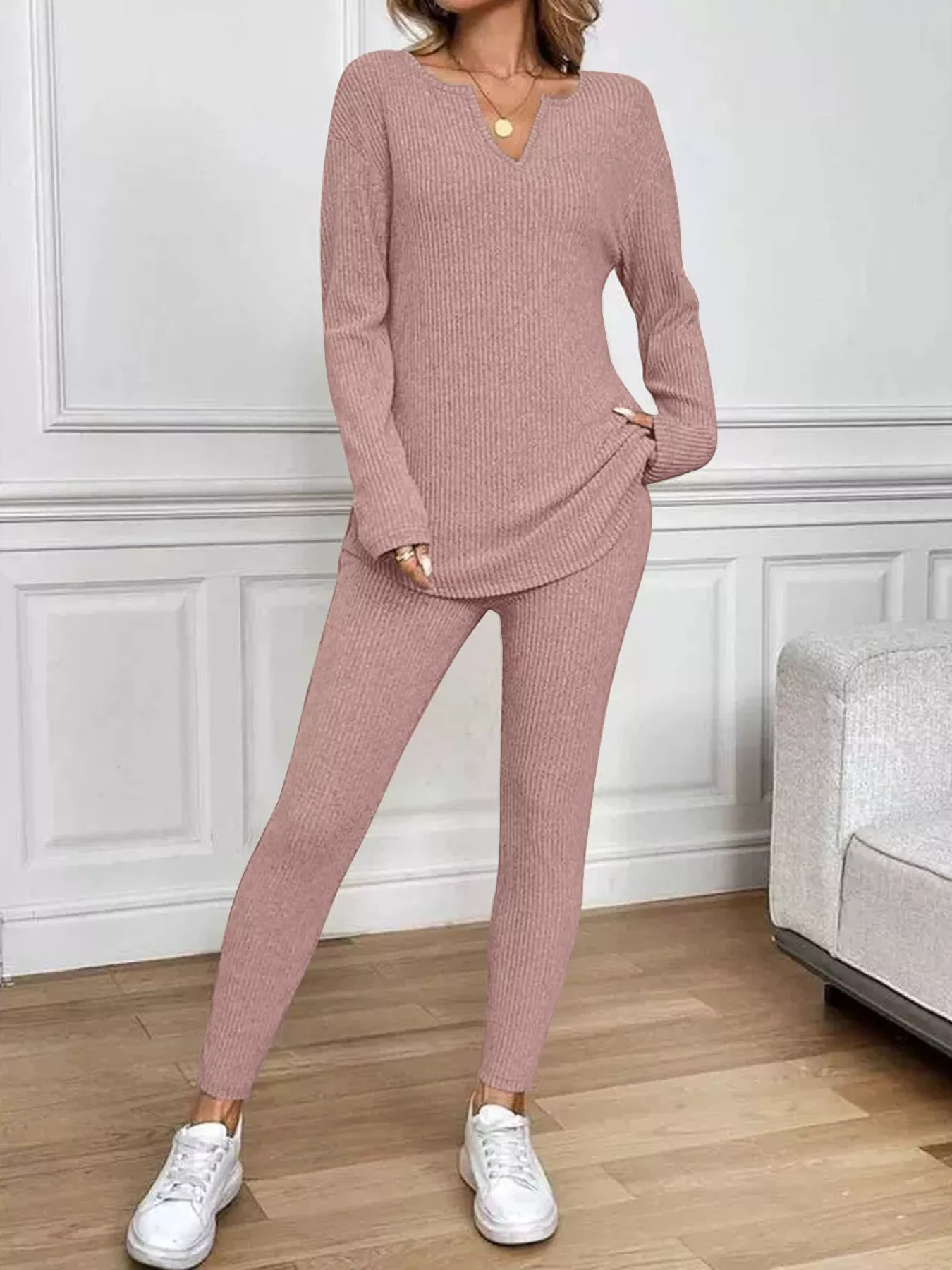 Ribbed Knit Long Sleeve Top and Pants Set - Image 2