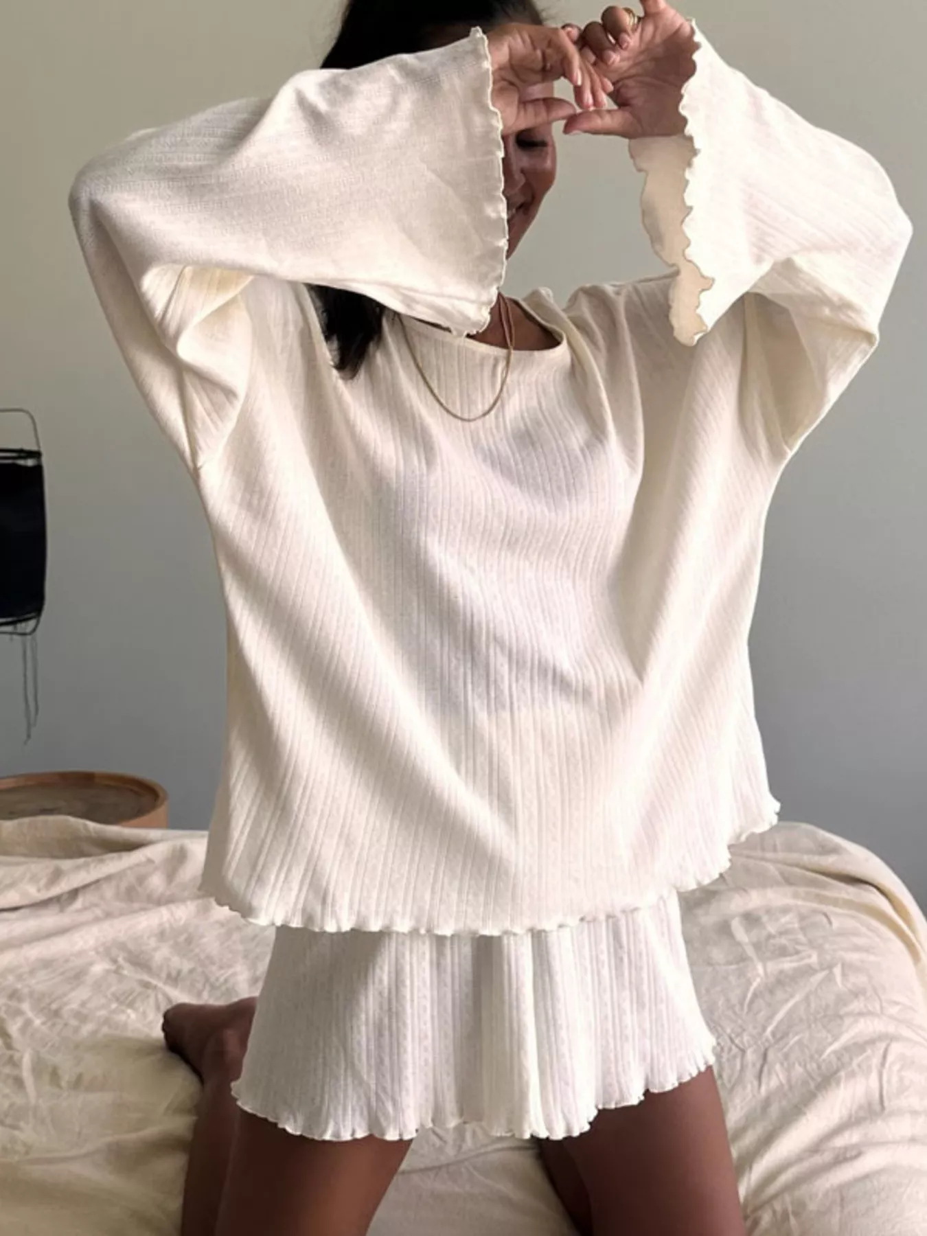 Ribbed Knit Long Sleeve Top and Shorts Lounge Set - Image 3