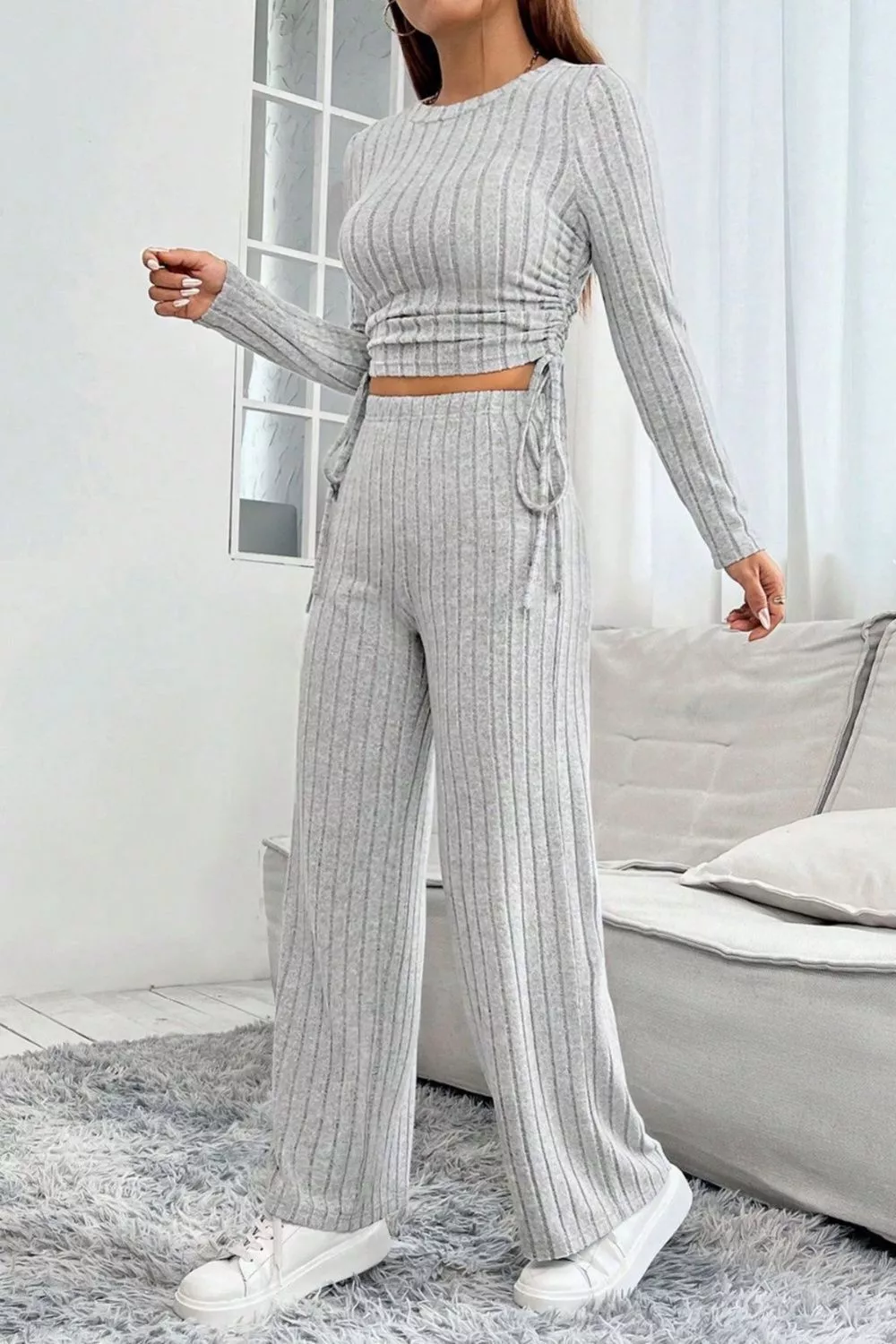 Ribbed Knit Long Sleeve Top & Wide Leg Pants Set - Image 2