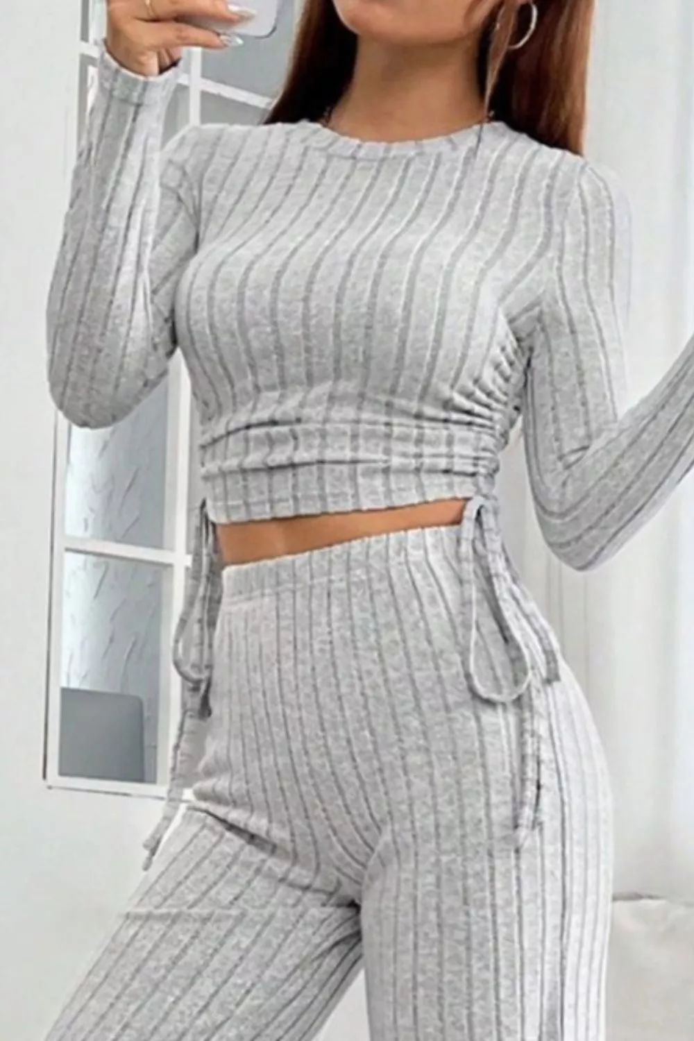 Ribbed Knit Long Sleeve Top & Wide Leg Pants Set - Image 3