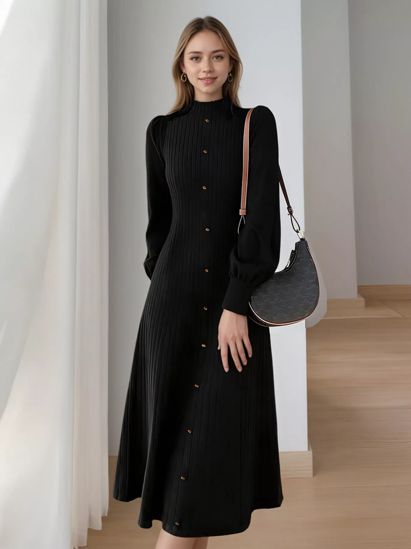 Ribbed Knit Mock Neck Midi Dress - Image 11