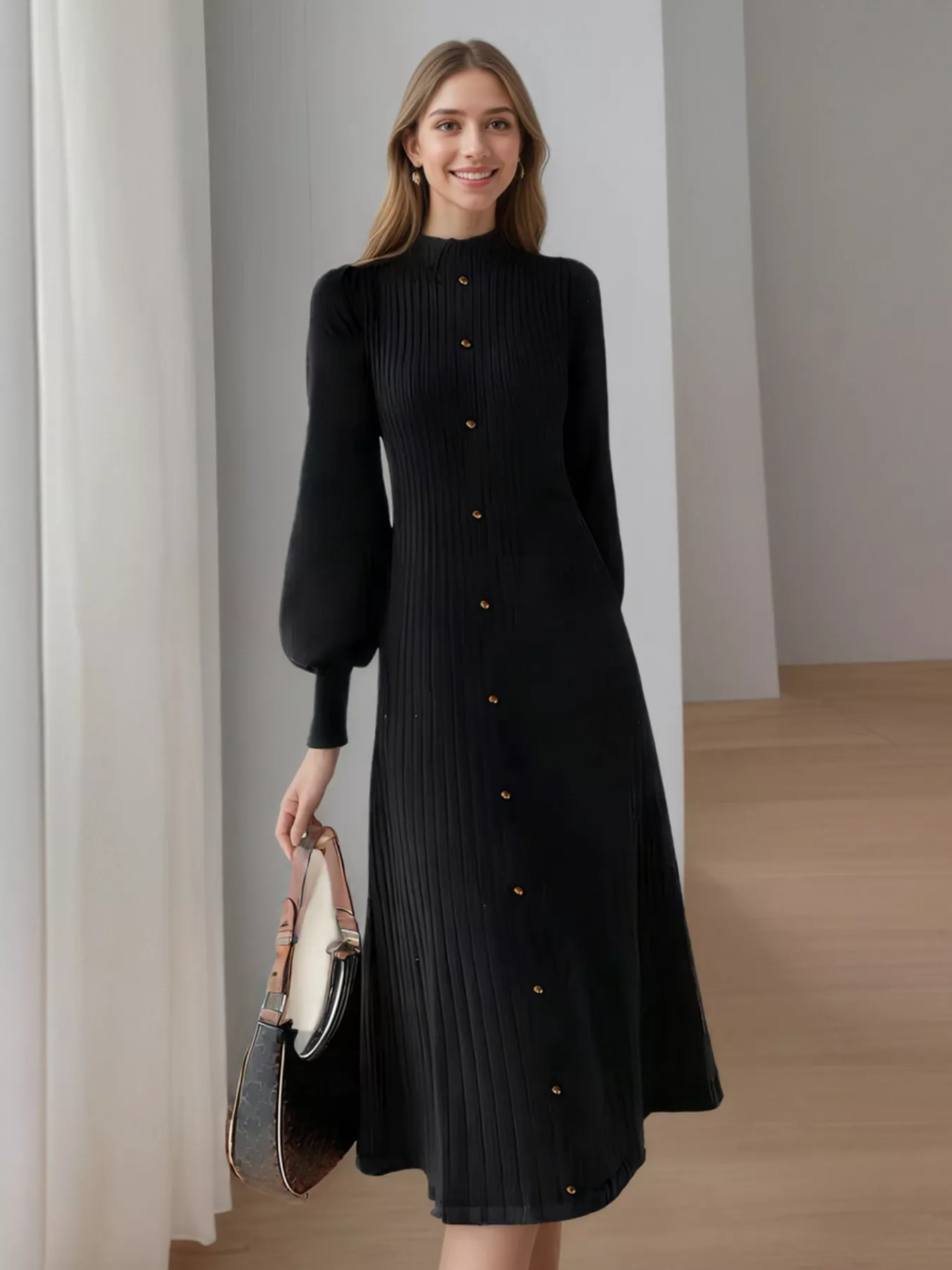 Ribbed Knit Mock Neck Midi Dress - Image 12