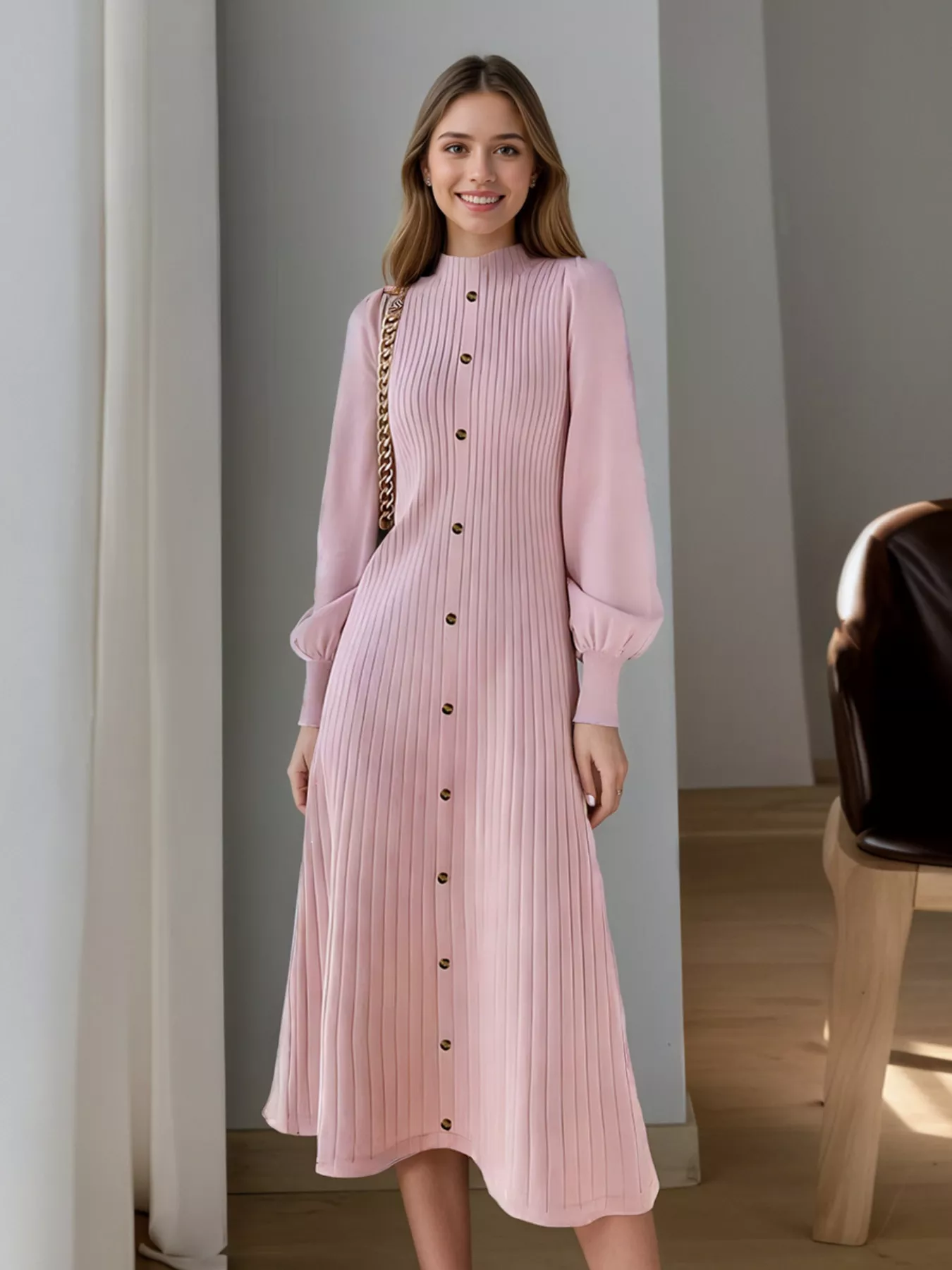 Ribbed Knit Mock Neck Midi Dress - Image 2