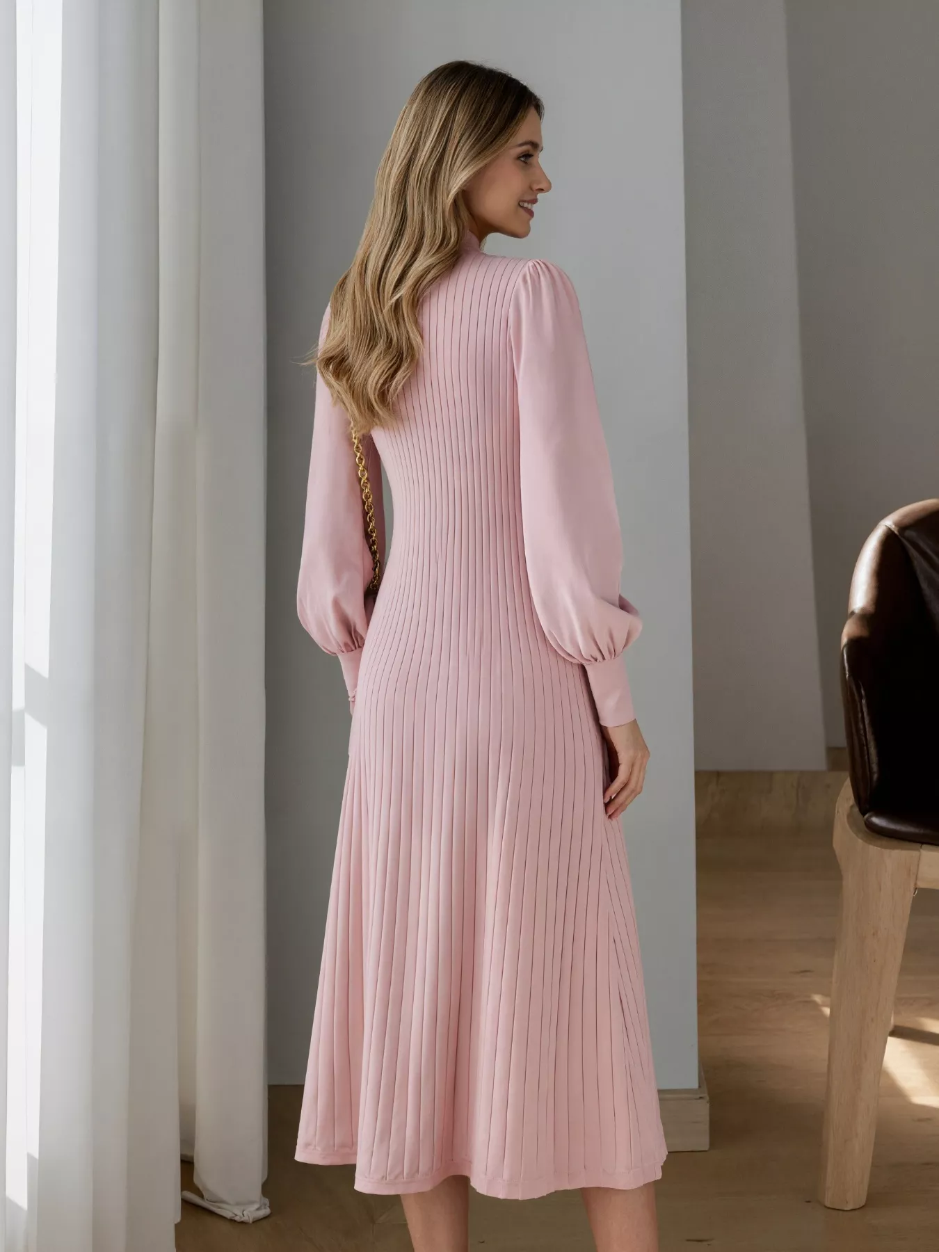 Ribbed Knit Mock Neck Midi Dress - Image 3