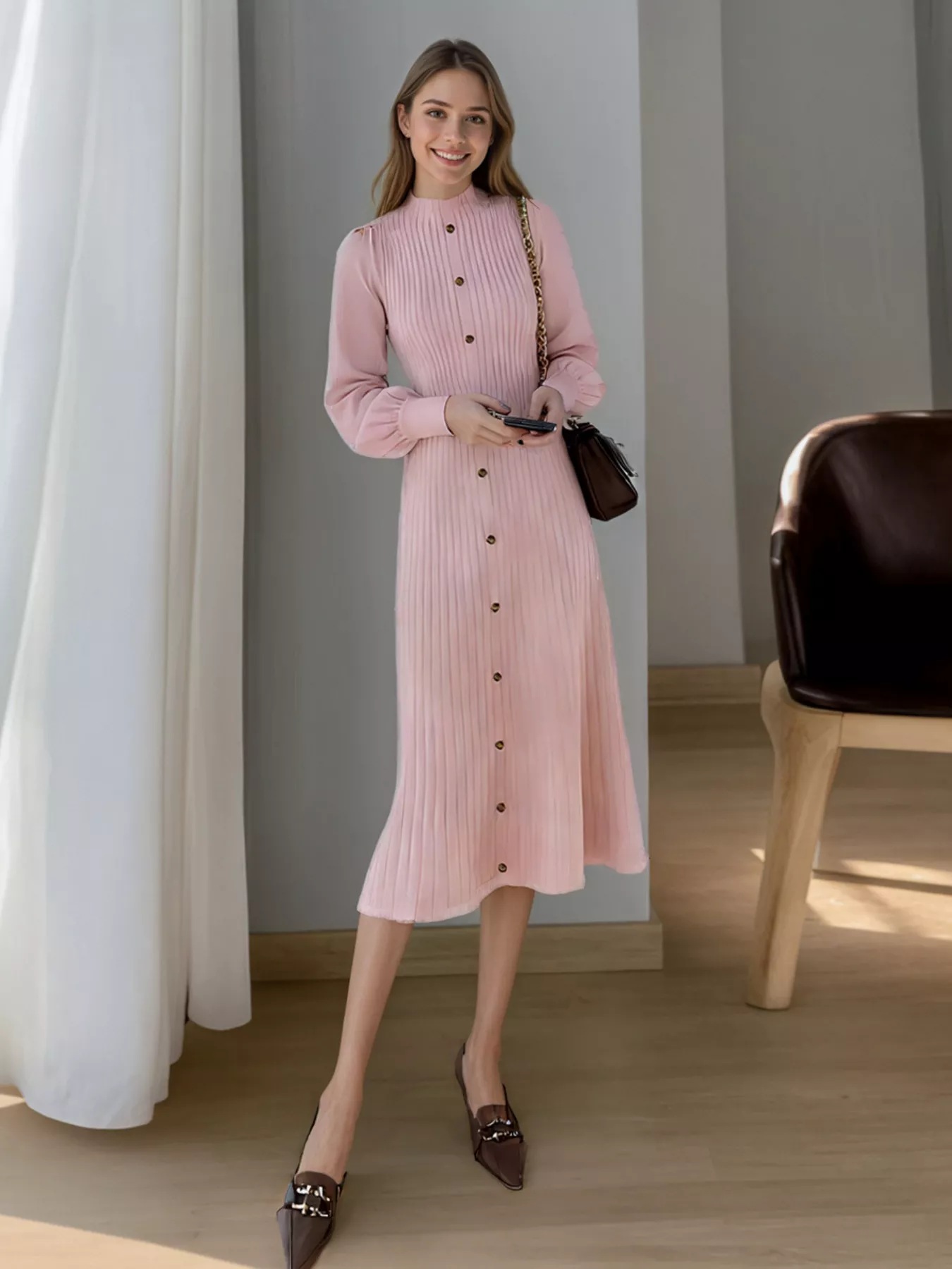 Ribbed Knit Mock Neck Midi Dress - Image 4