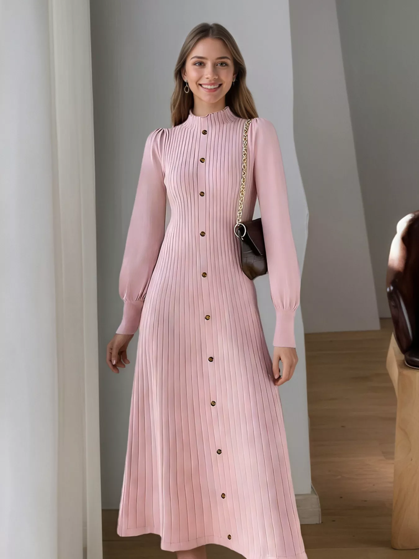 Ribbed Knit Mock Neck Midi Dress - Image 5