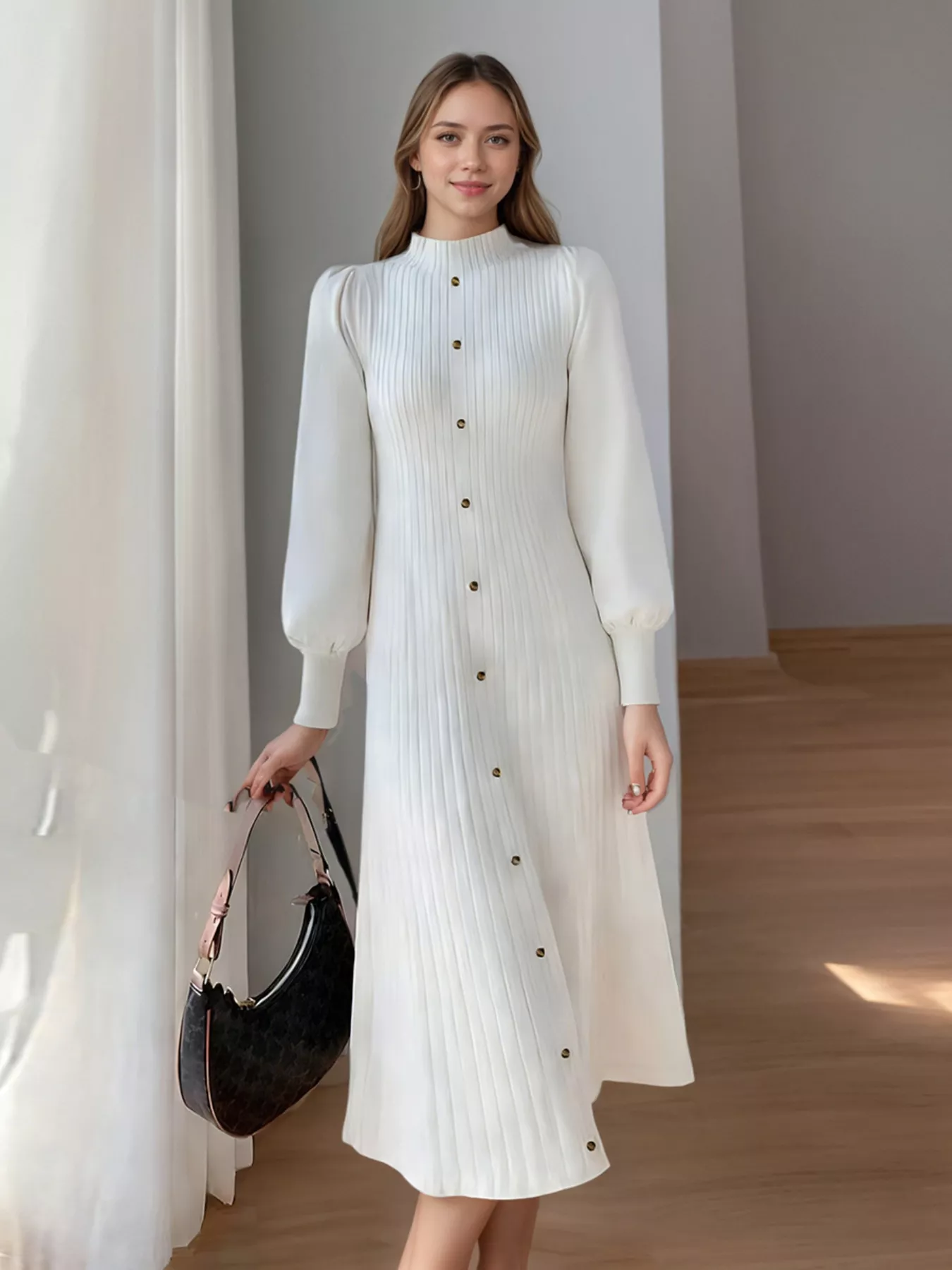 Ribbed Knit Mock Neck Midi Dress - Image 6