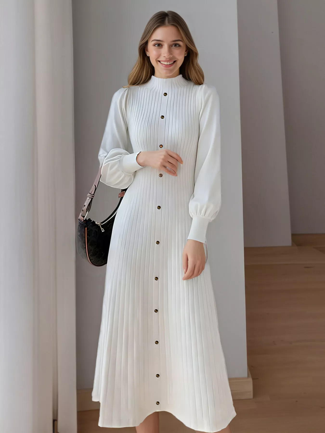 Ribbed Knit Mock Neck Midi Dress - Image 7