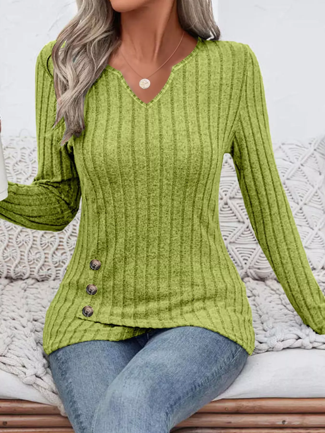 Ribbed Knit Notched Long Sleeve Top - Image 3