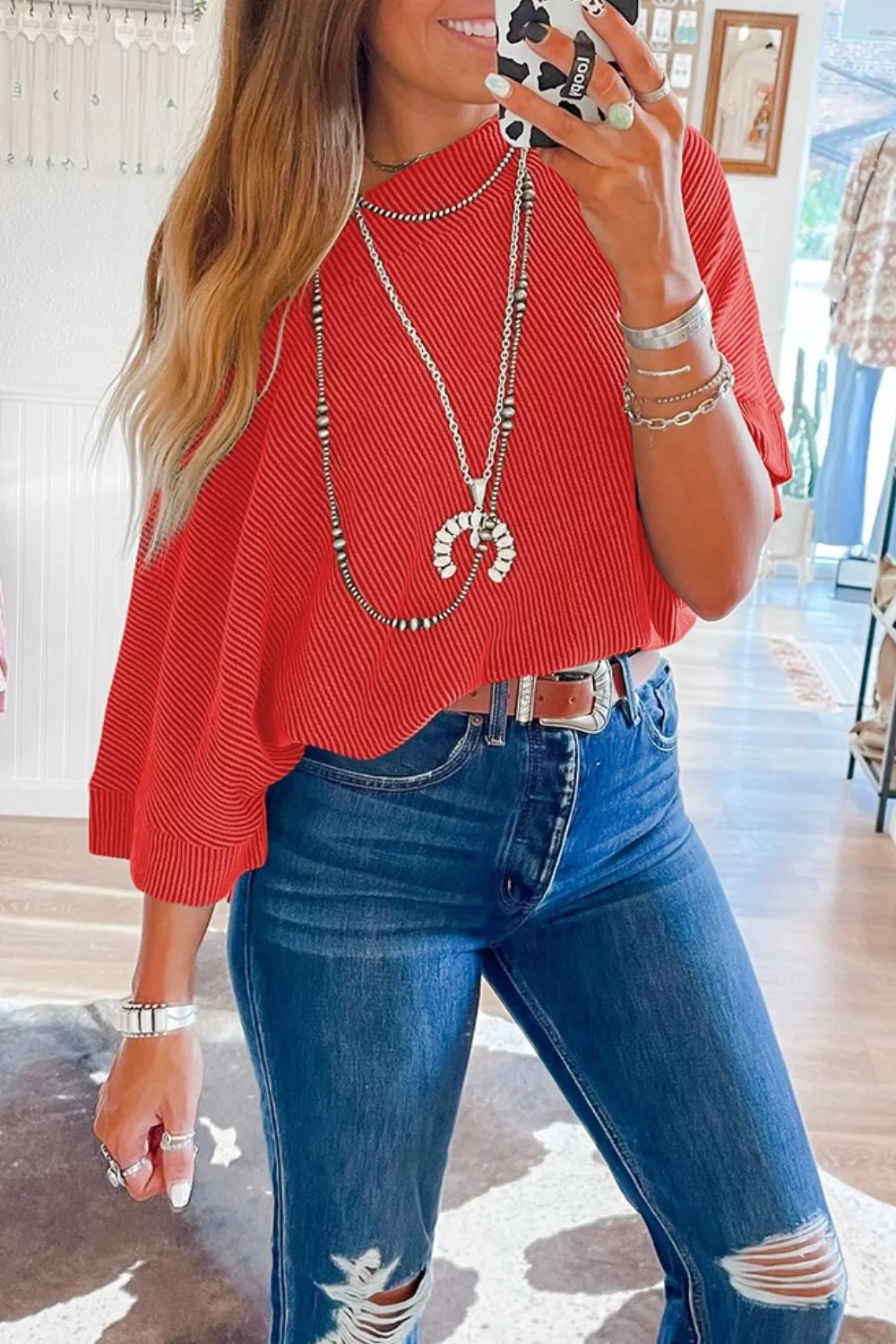 Ribbed Knit Off-Shoulder Blouse - Image 11