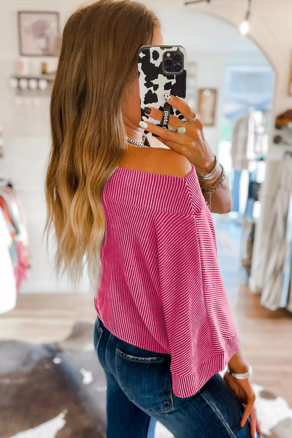 Ribbed Knit Off-Shoulder Blouse - Image 2