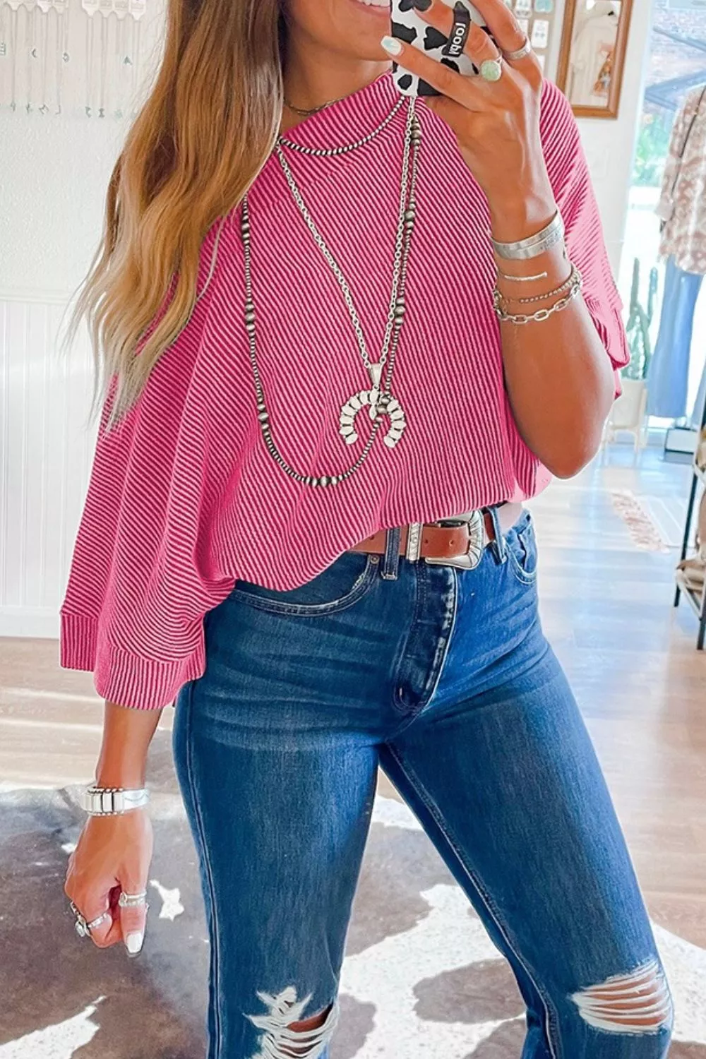Ribbed Knit Off-Shoulder Blouse - Image 3