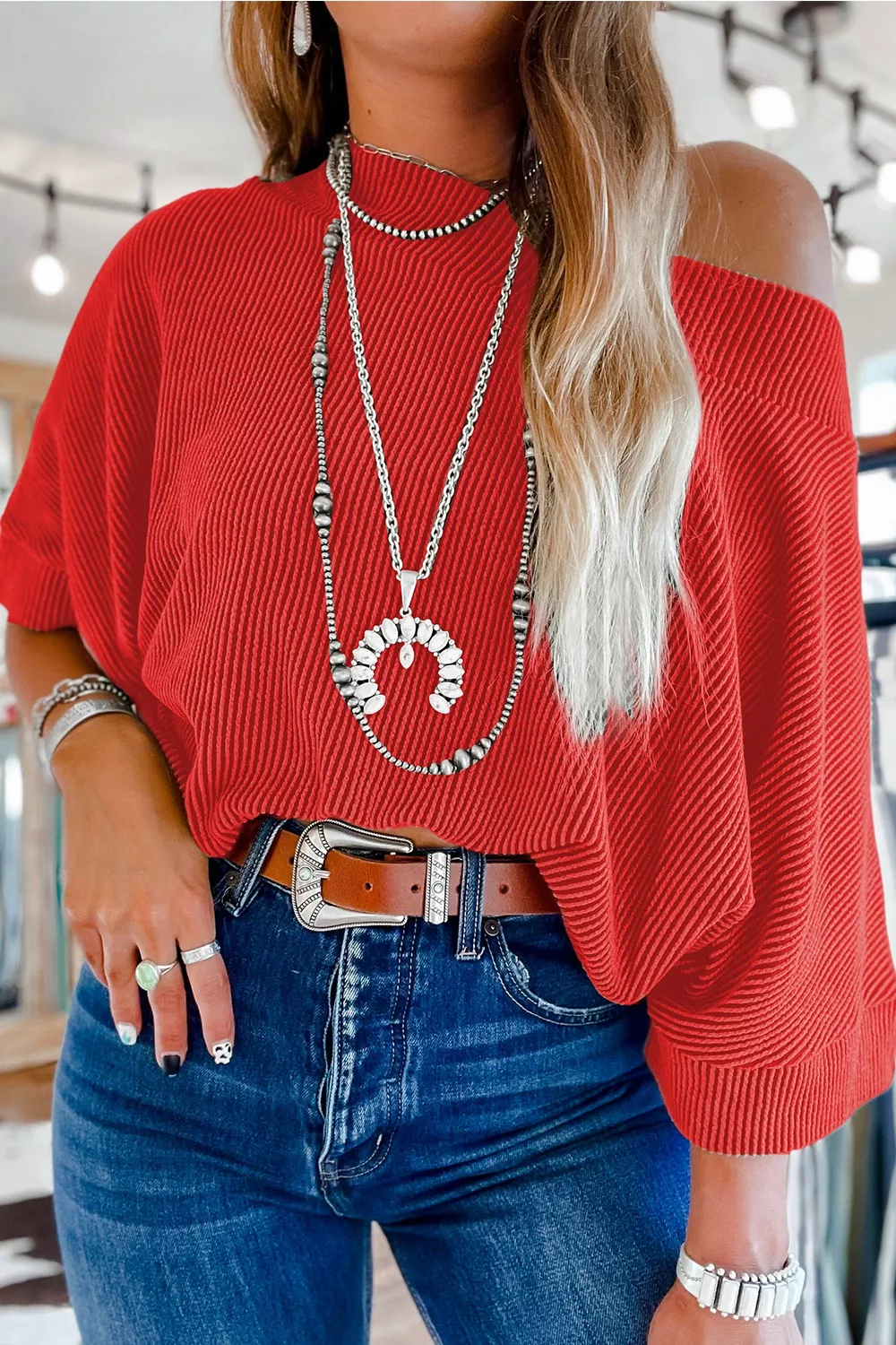 Ribbed Knit Off-Shoulder Blouse - Image 9
