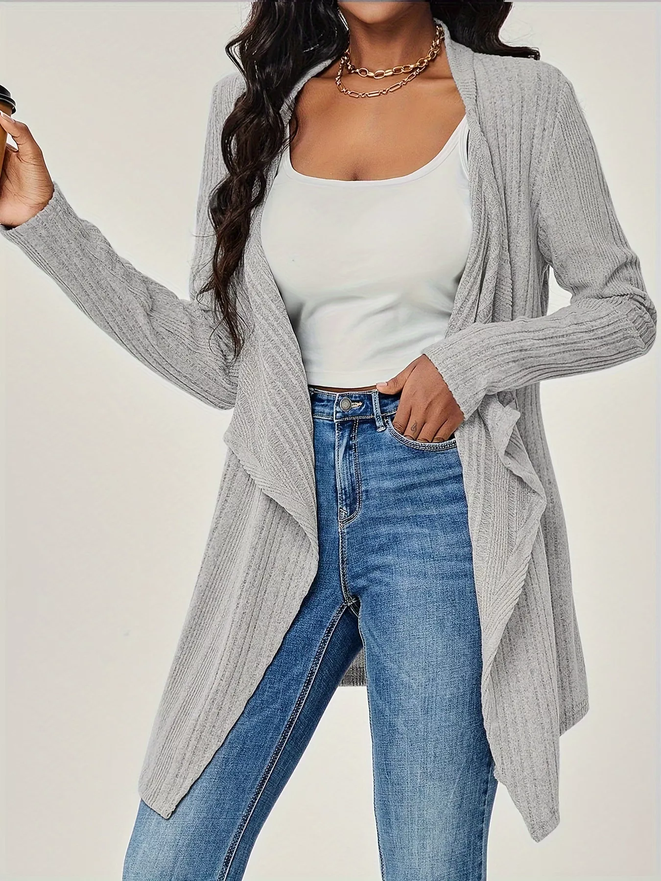 Ribbed Knit Open Front Cardigan - Image 5