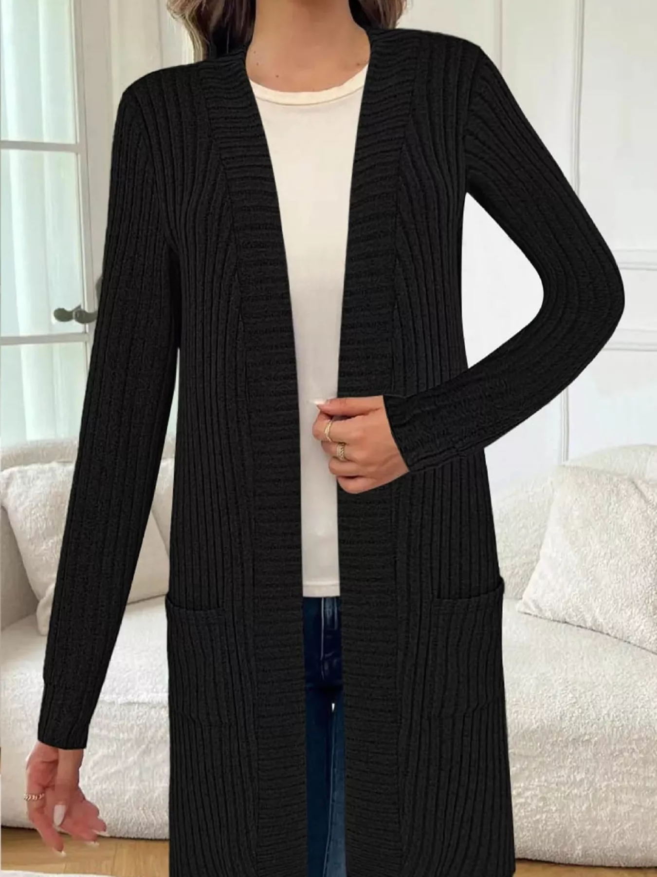 Ribbed Knit Open Front Cardigan - Image 3