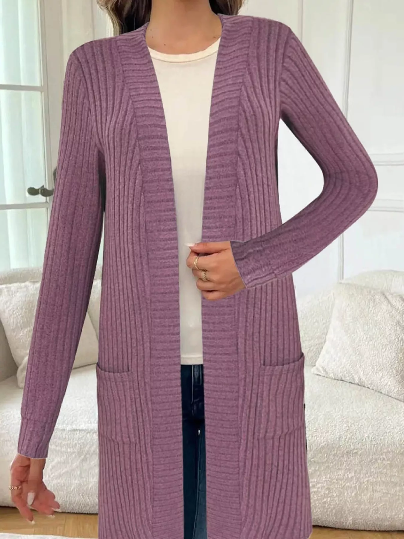 Ribbed Knit Open Front Cardigan - Image 6
