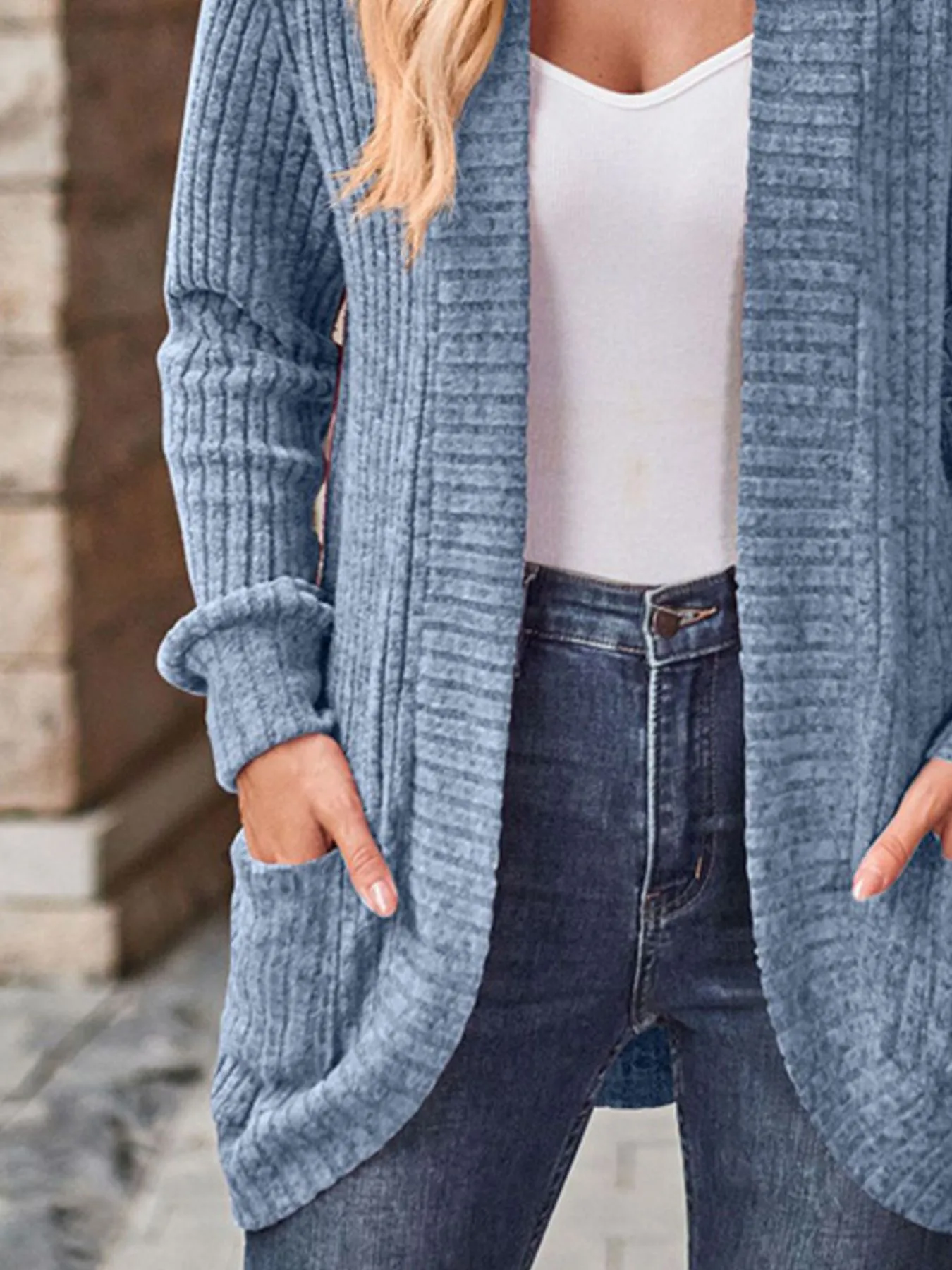 Ribbed Knit Open Front Cardigan with Pockets - Image 3