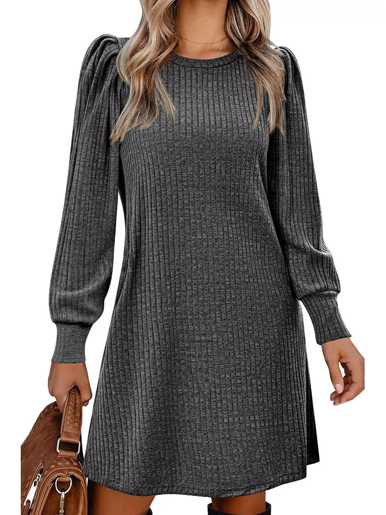 Ribbed Knit Puff Sleeve Casual Mini Dress - Image 17