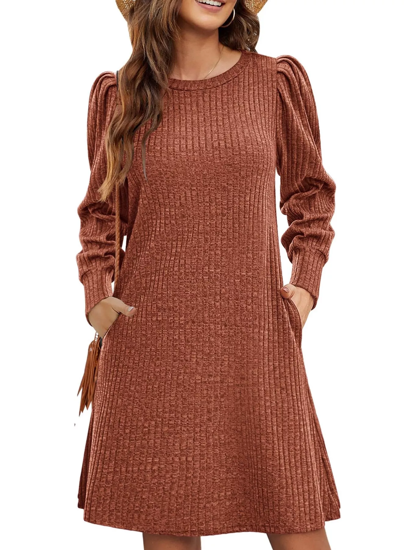 Ribbed Knit Puff Sleeve Casual Mini Dress - Image 31
