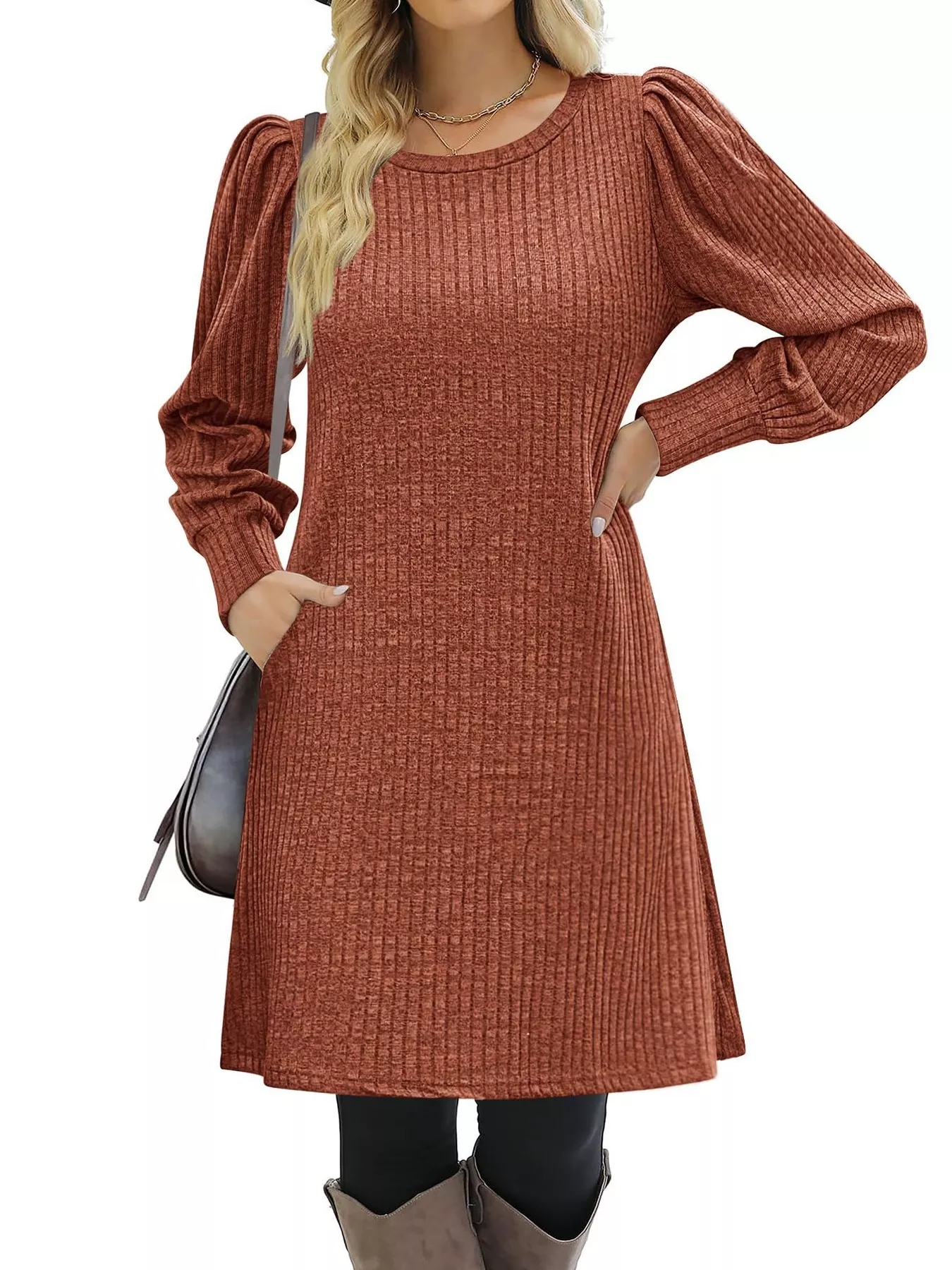Ribbed Knit Puff Sleeve Casual Mini Dress - Image 32