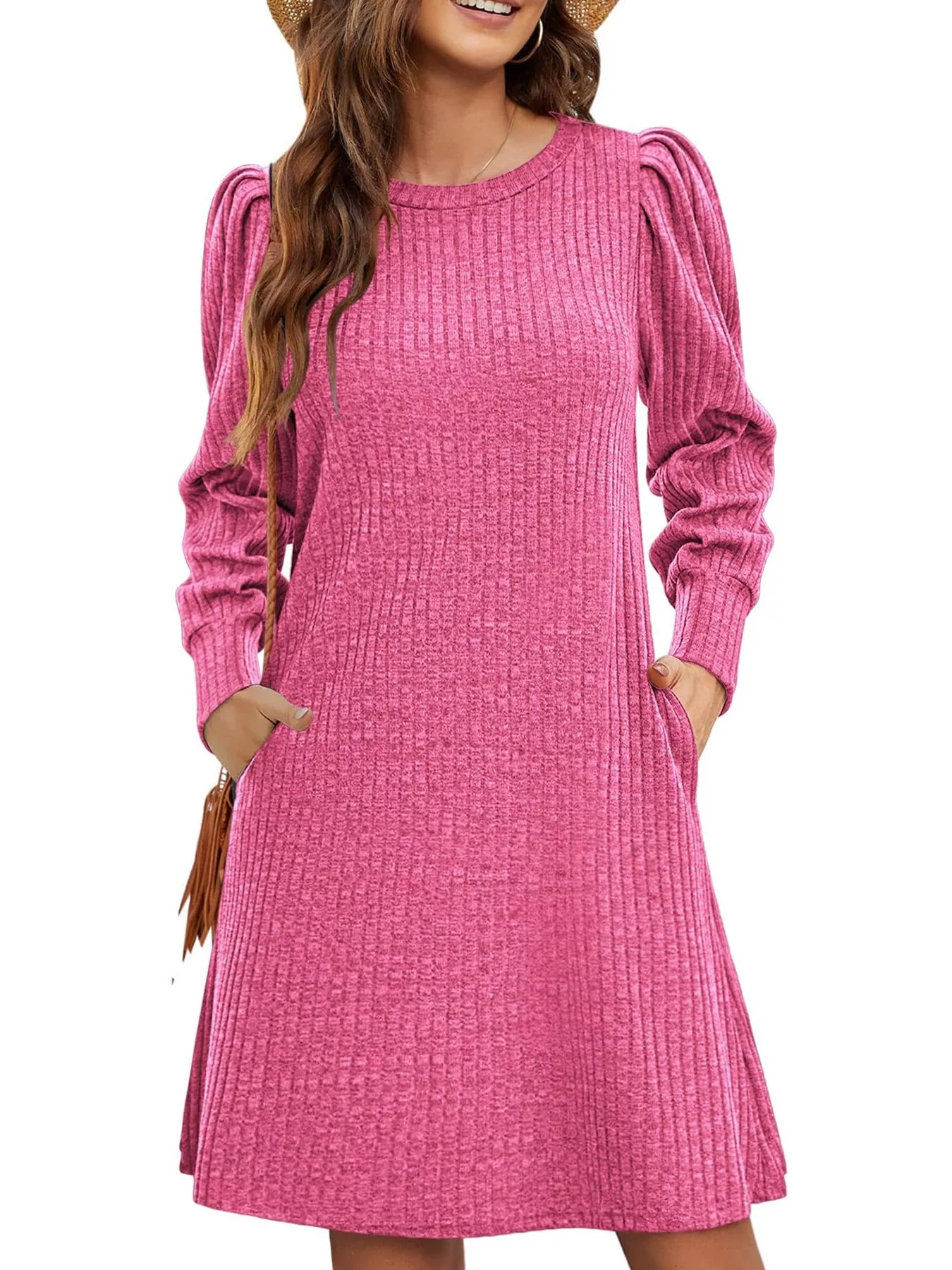 Ribbed Knit Puff Sleeve Casual Mini Dress - Image 4