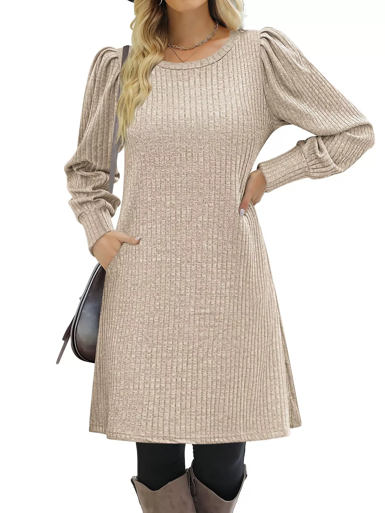 Ribbed Knit Puff Sleeve Casual Mini Dress - Image 5