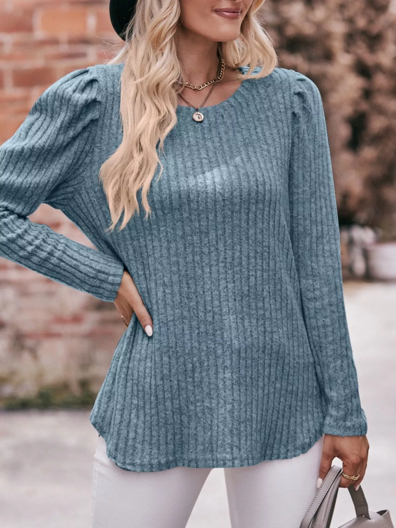 Ribbed Knit Puff Sleeve T-Shirt - Image 15