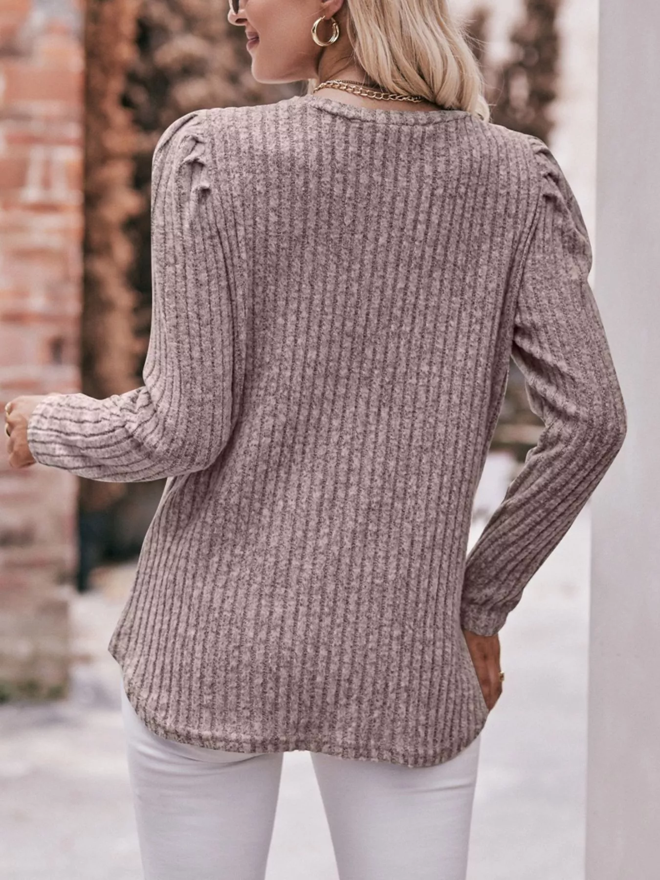 Ribbed Knit Puff Sleeve T-Shirt - Image 4
