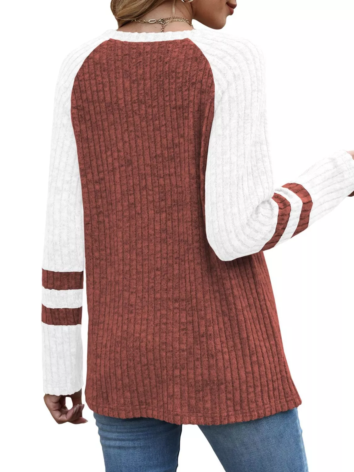 Ribbed Knit Raglan Long Sleeve T-Shirt - Image 18