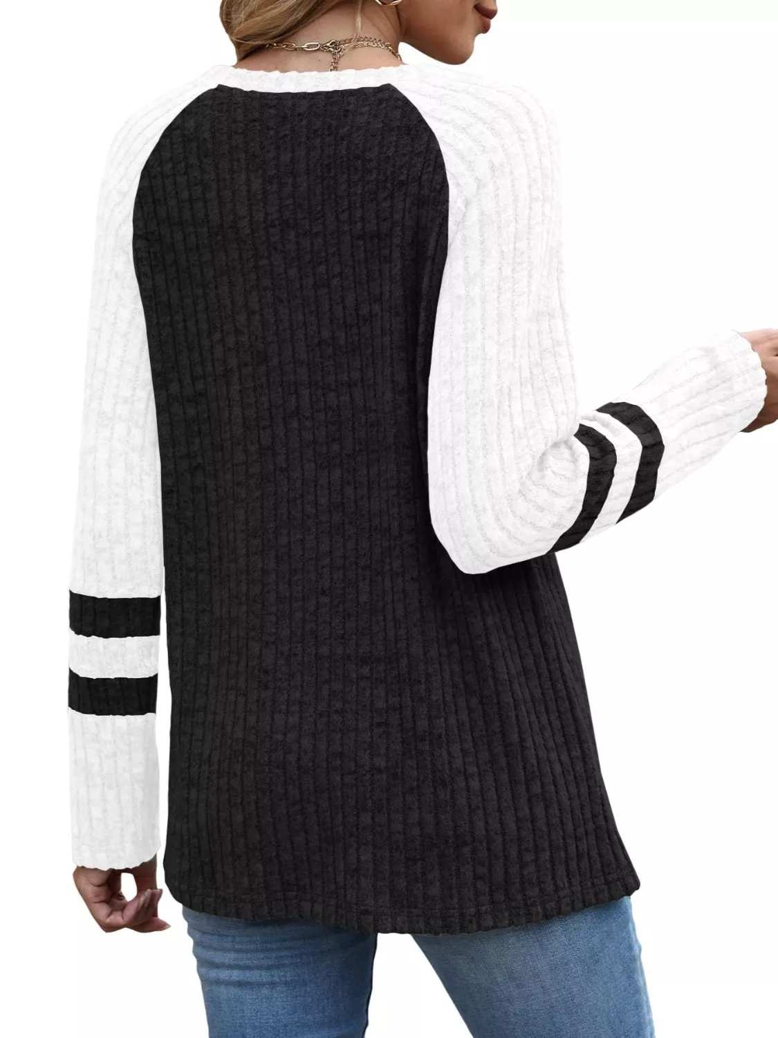 Ribbed Knit Raglan Long Sleeve T-Shirt - Image 6