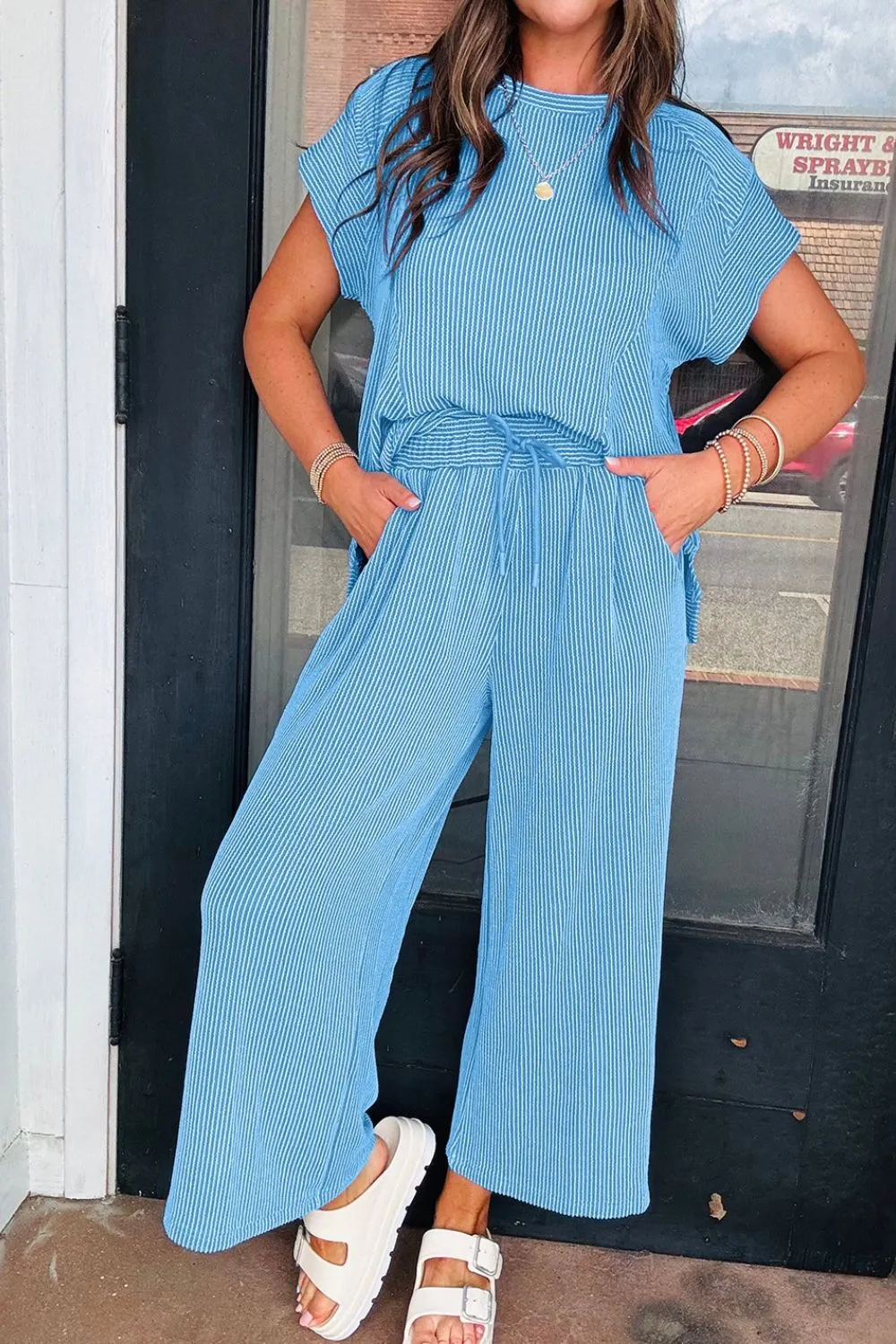 Ribbed Knit Round Neck Top and Pants Casual Set - Image 6