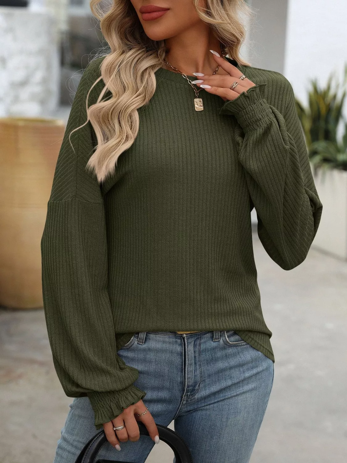 Ribbed Knit Ruffle Cuff T-Shirt - Image 10