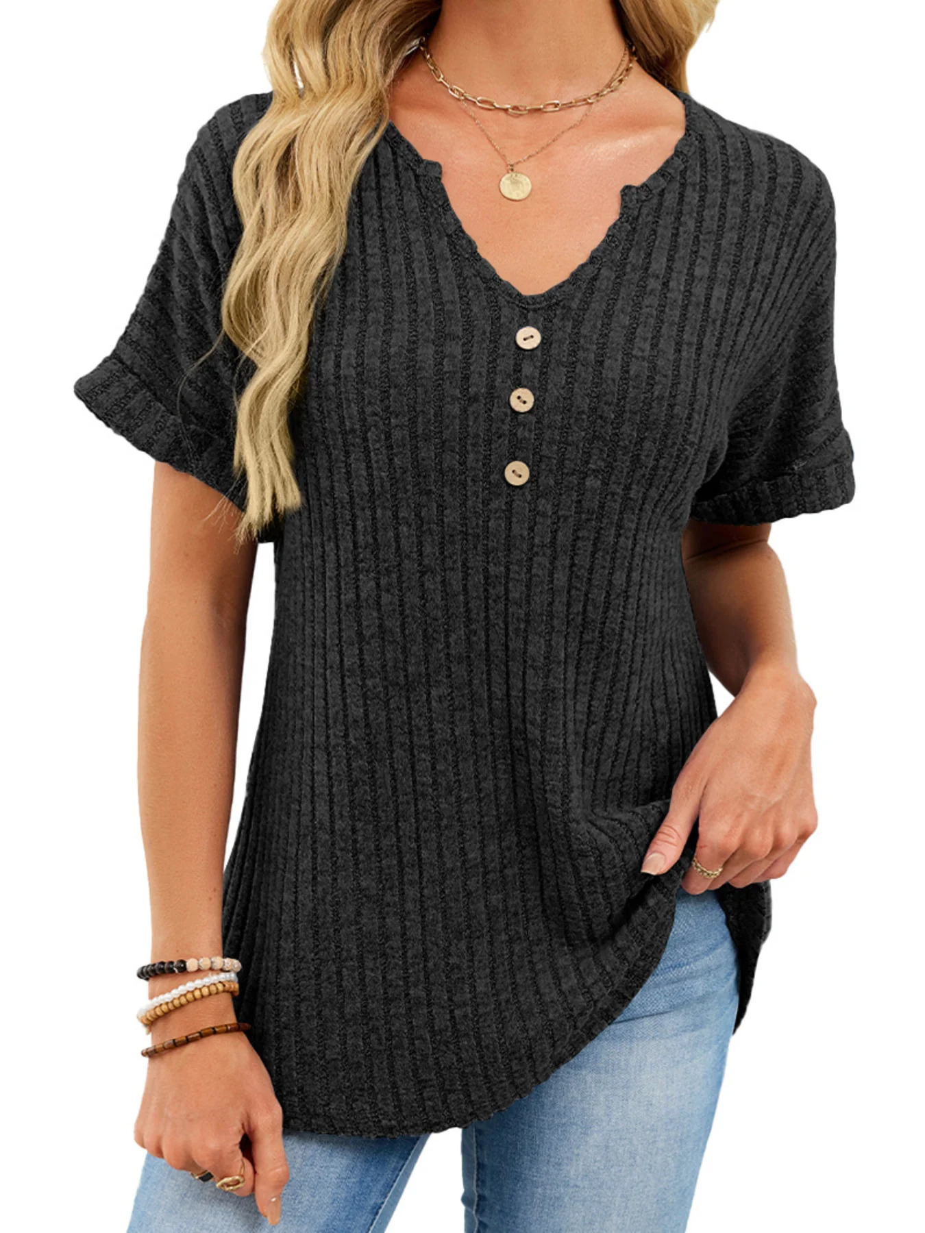 Ribbed Knit Short Sleeve T-Shirt - Image 12