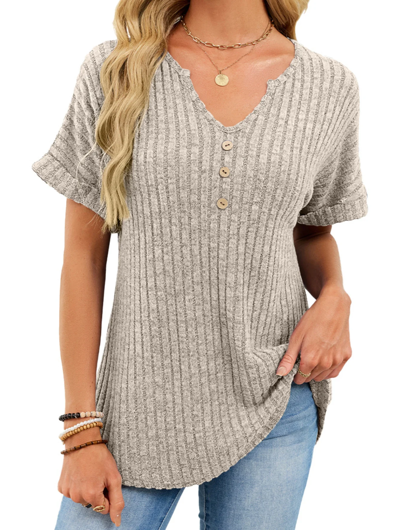 Ribbed Knit Short Sleeve T-Shirt - Image 18