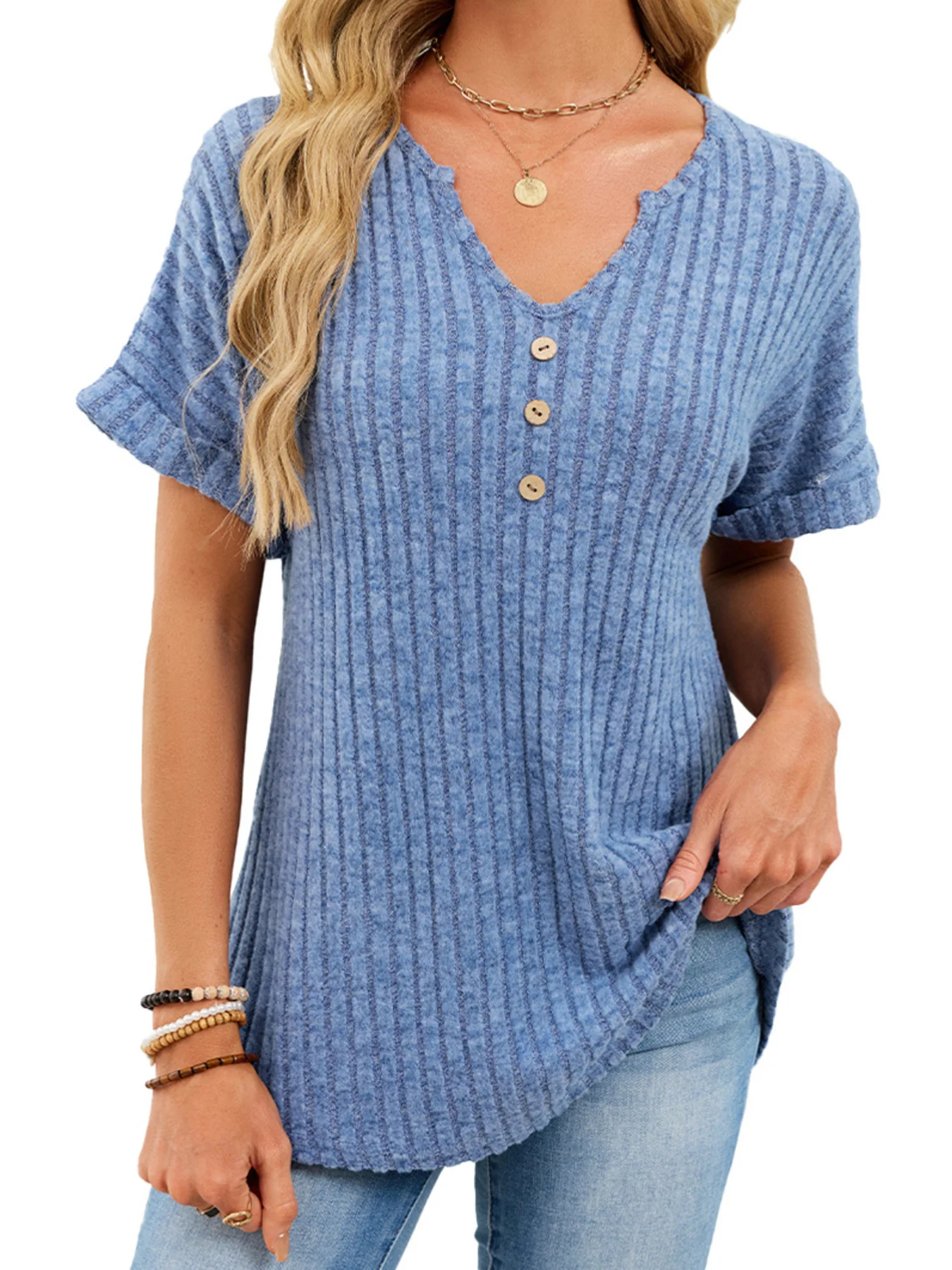 Ribbed Knit Short Sleeve T-Shirt - Image 22