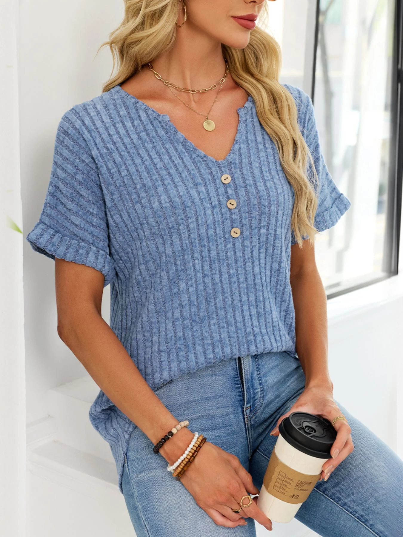 Ribbed Knit Short Sleeve T-Shirt - Image 23